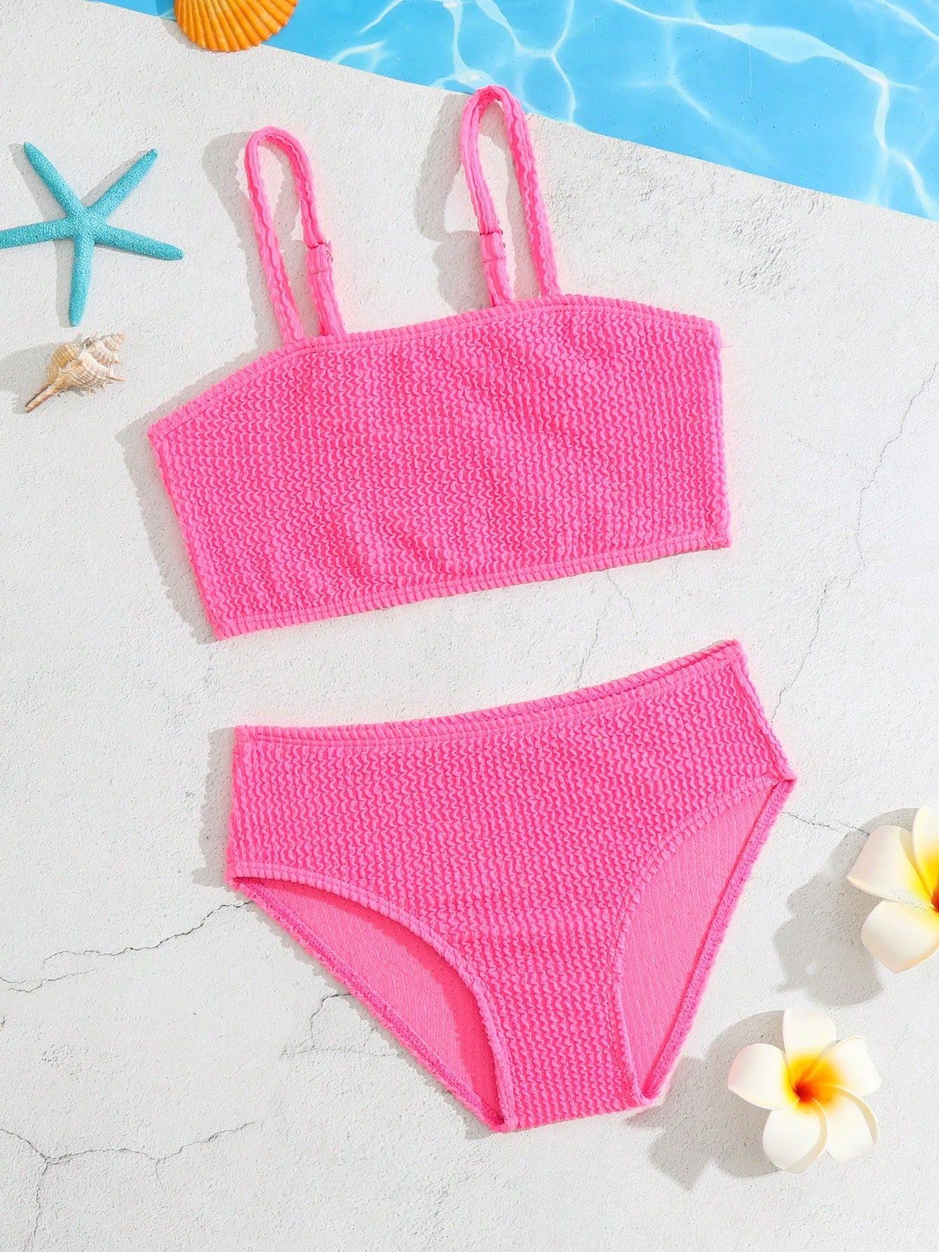 Young Girl Shirred Neon Bikini Set Bathing Suit, Summer Beach