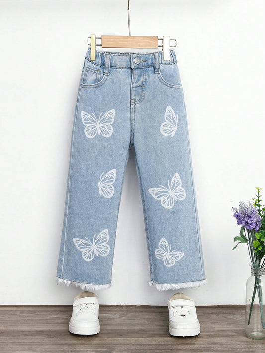 Young Girl Butterfly Print Raw Hem Straight Leg Jeans