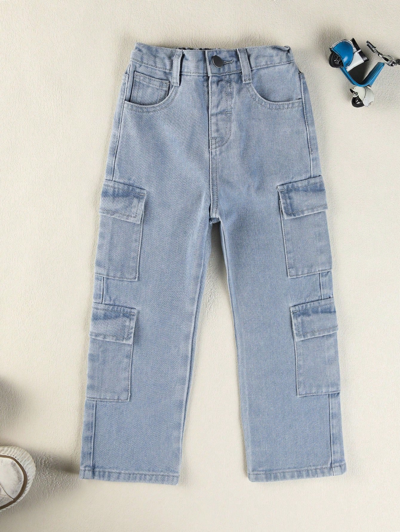 Young Girls Solid Color Casual Workwear Straight Leg Jeans With Pockets