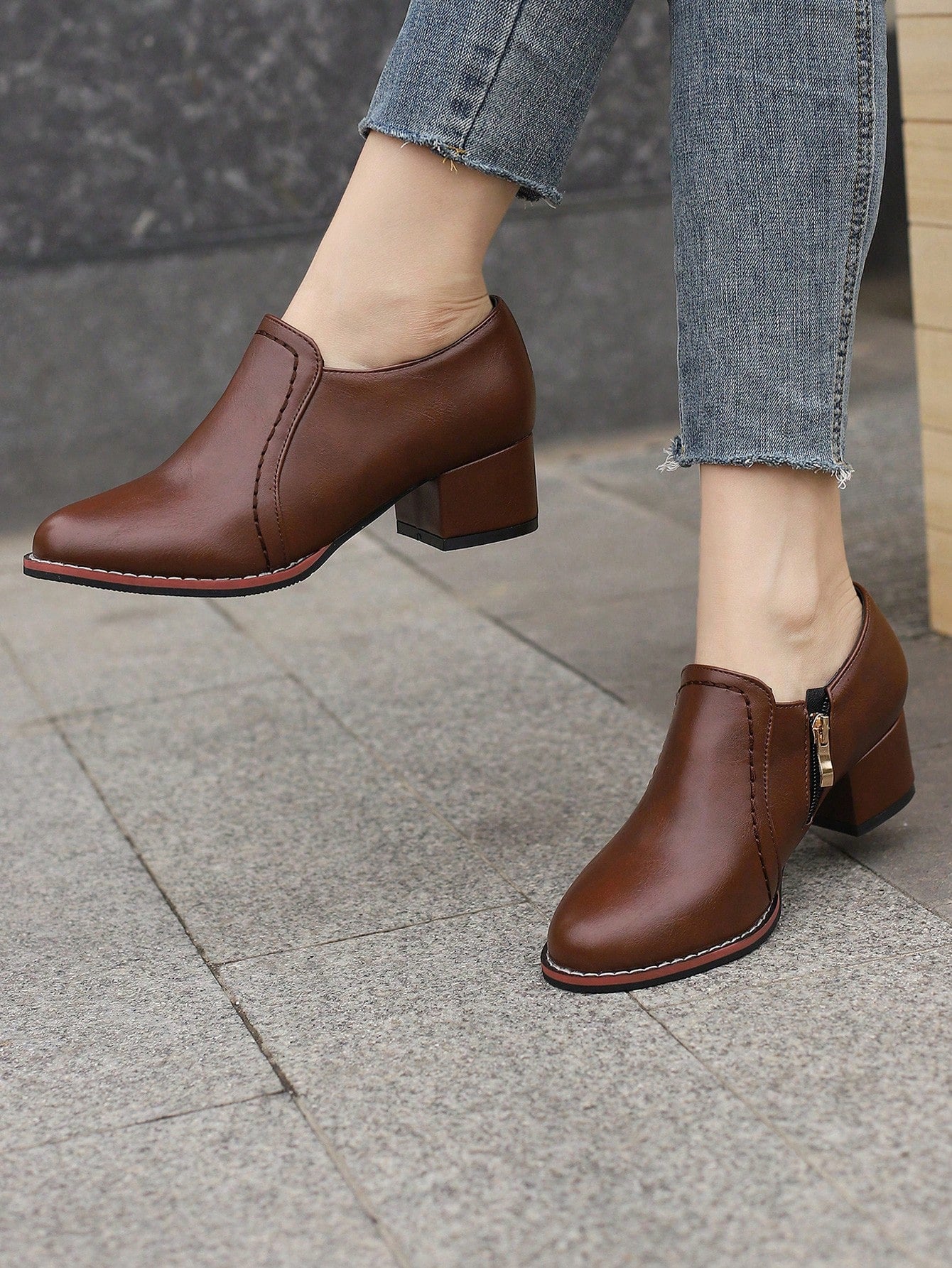 Elegant Brown Loafer Pumps For Women, Point Toe Stitch Detail Chunky Heeled Pumps