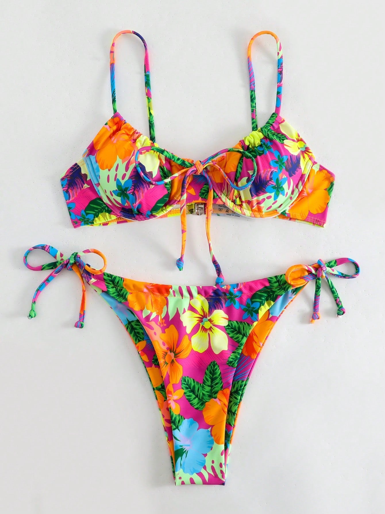 Swim Ladies Spaghetti Strap Floral Print Bikini Top And Tie-Side Bikini Bottom Set (Random Print), Underwire Design, Non-Push Up, Summer Beach