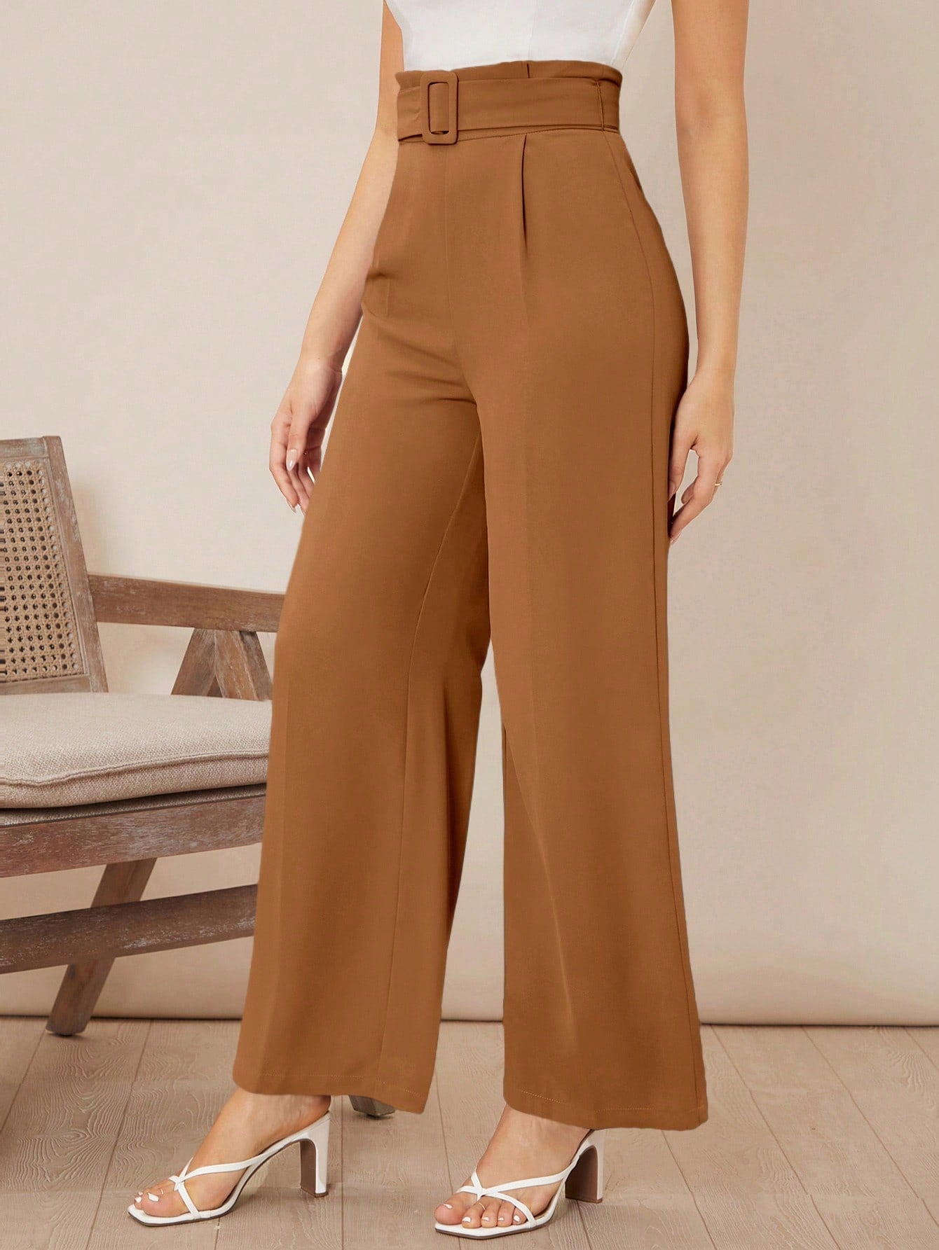 Women Commuting Solid High Waist Belted Wide Leg Pants