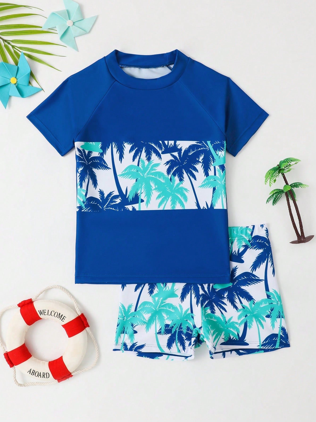 Young Boy Palm Tree Print Beach Swimsuit