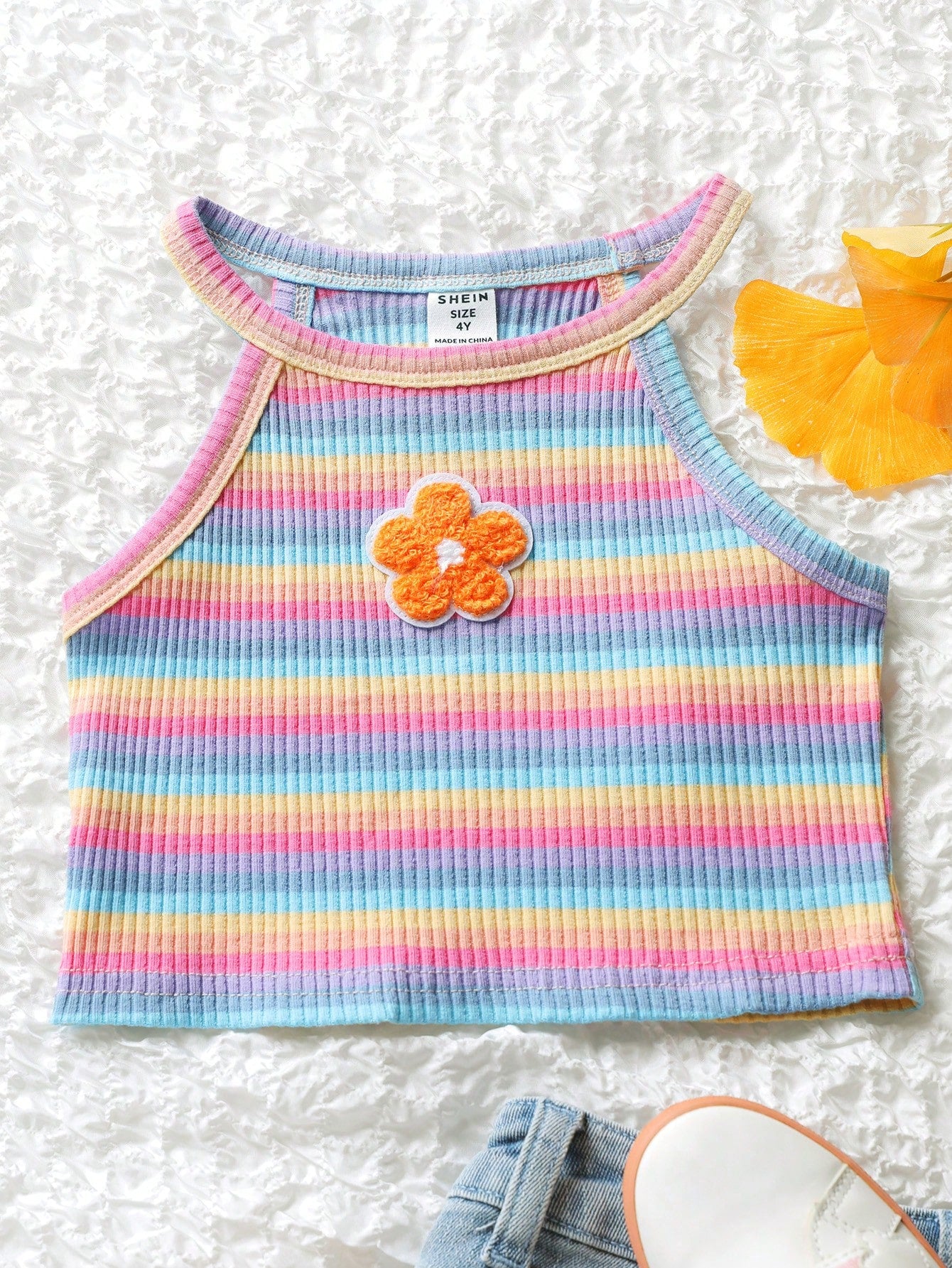 Young Girl Floral Patched Striped Halter Top