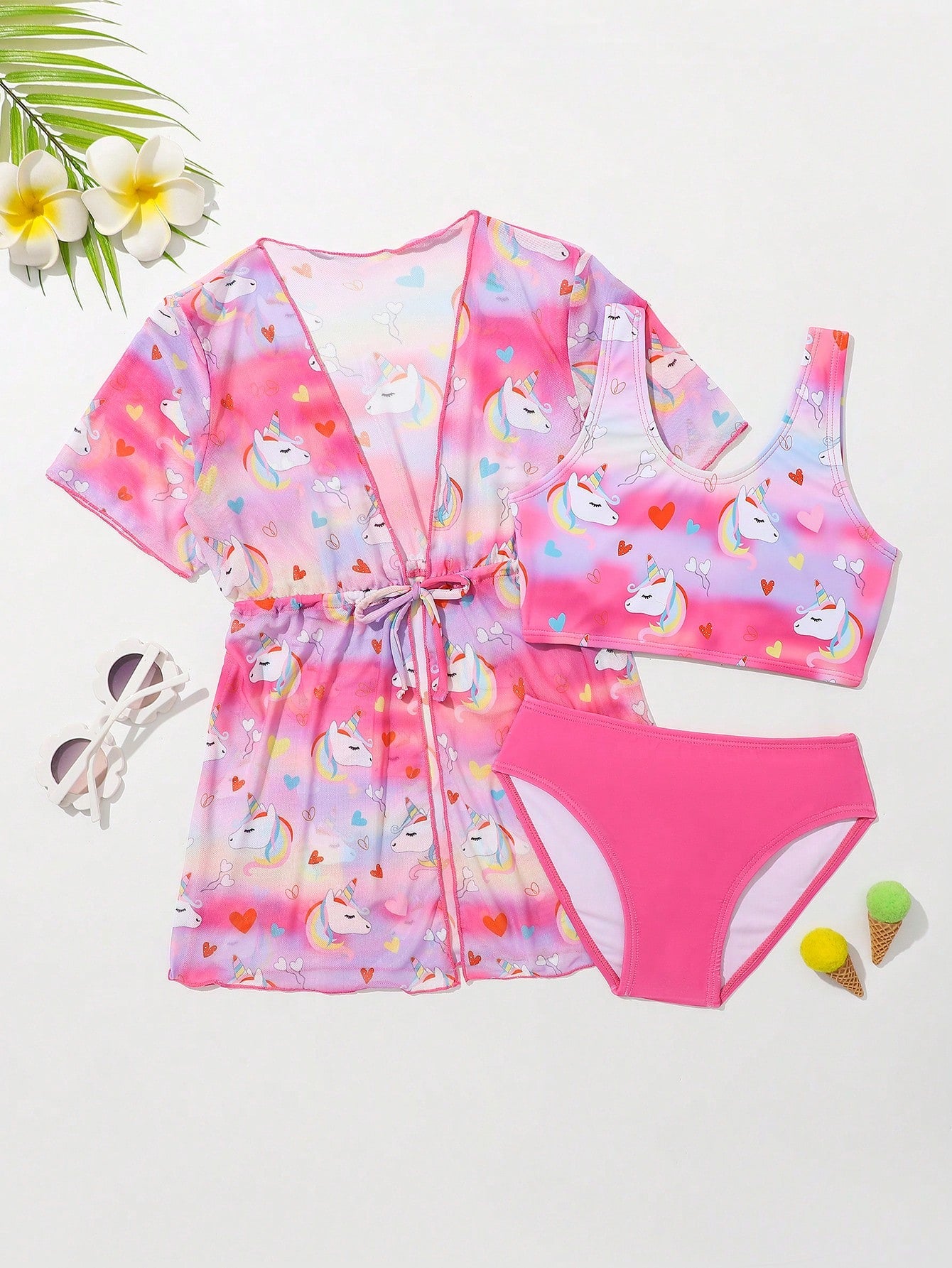 Young Girl 3pc Set Adorable Unicorn & Heart Tie Dye Swimwear With Cover-Up For Sun Protection In Summer