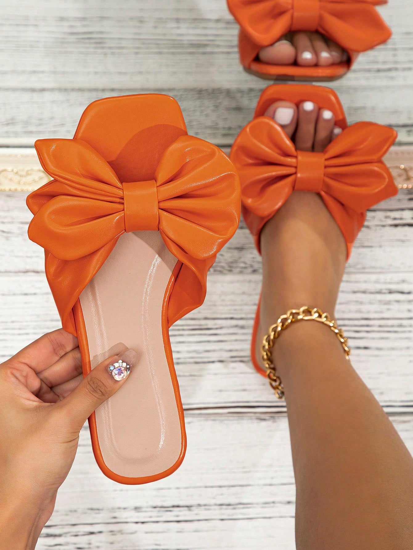 Women Bow Decor Flat Sandals, Funky Neon-orange Slide Sandals For Summer