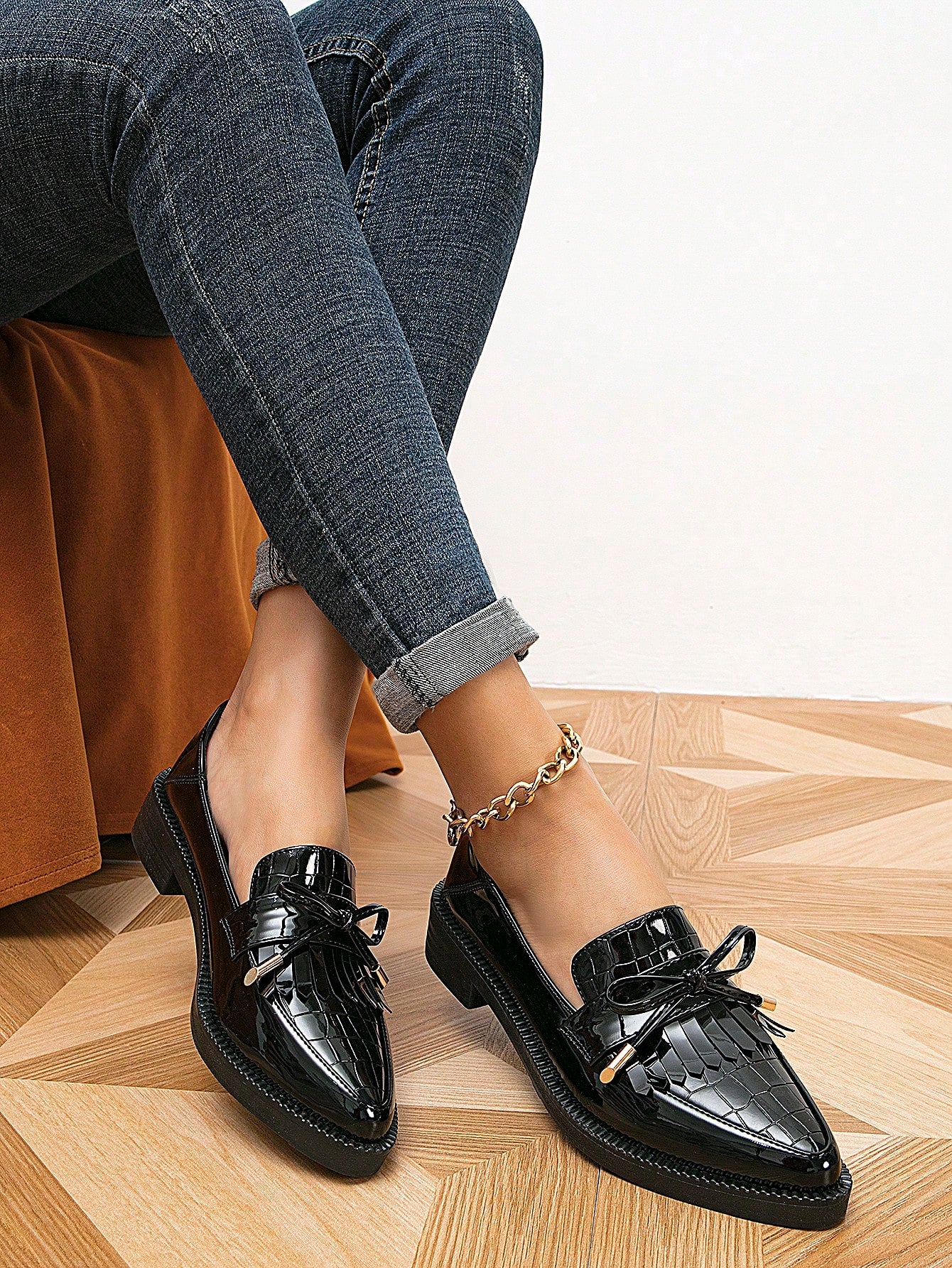 Women's Fringed Black Mary Jane Shoes With Thick Soles, Pointed Toes And Chunky Heels