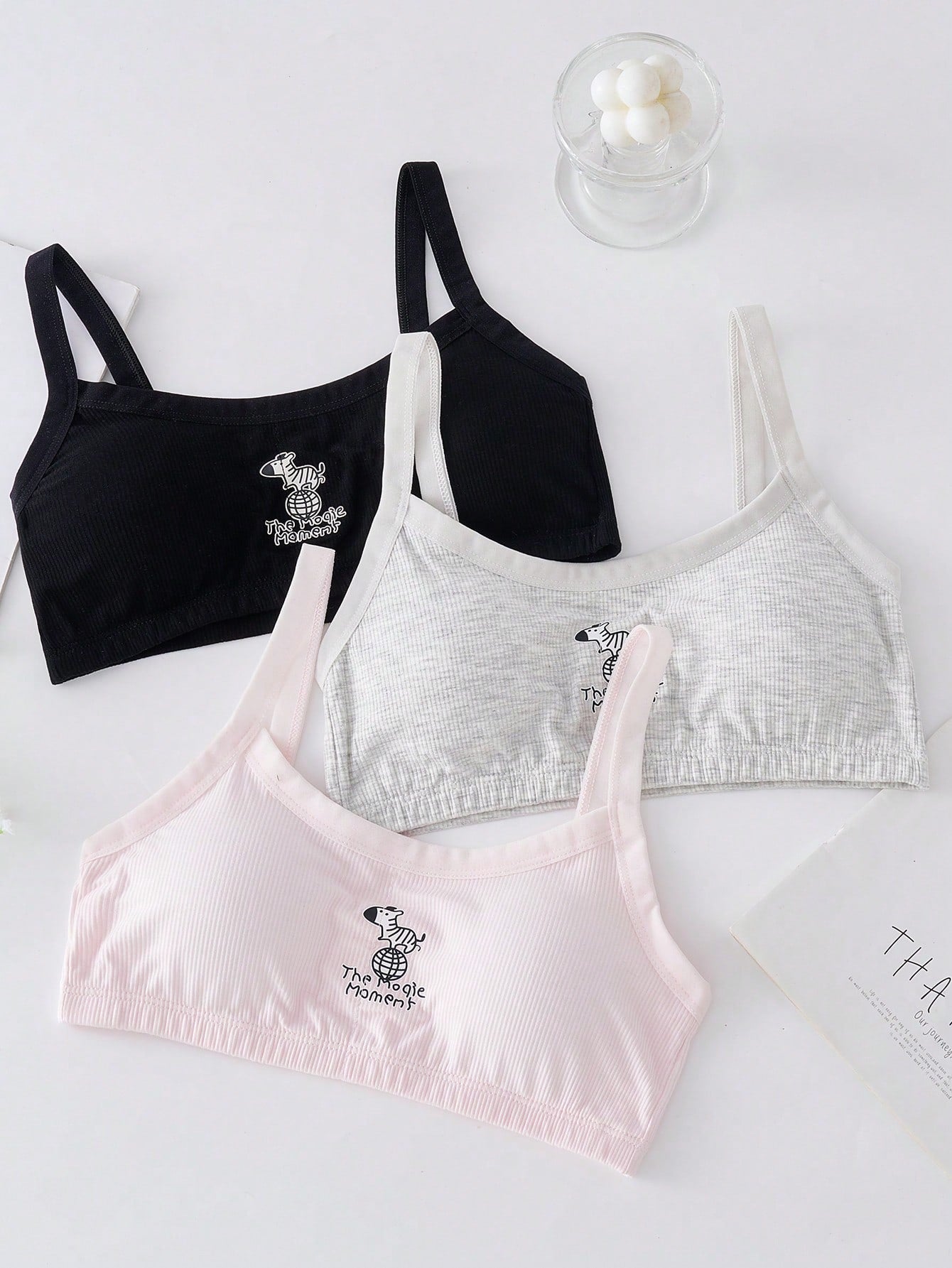 Tween Girl 3pcs Slogan & Cartoon Graphic Bralette