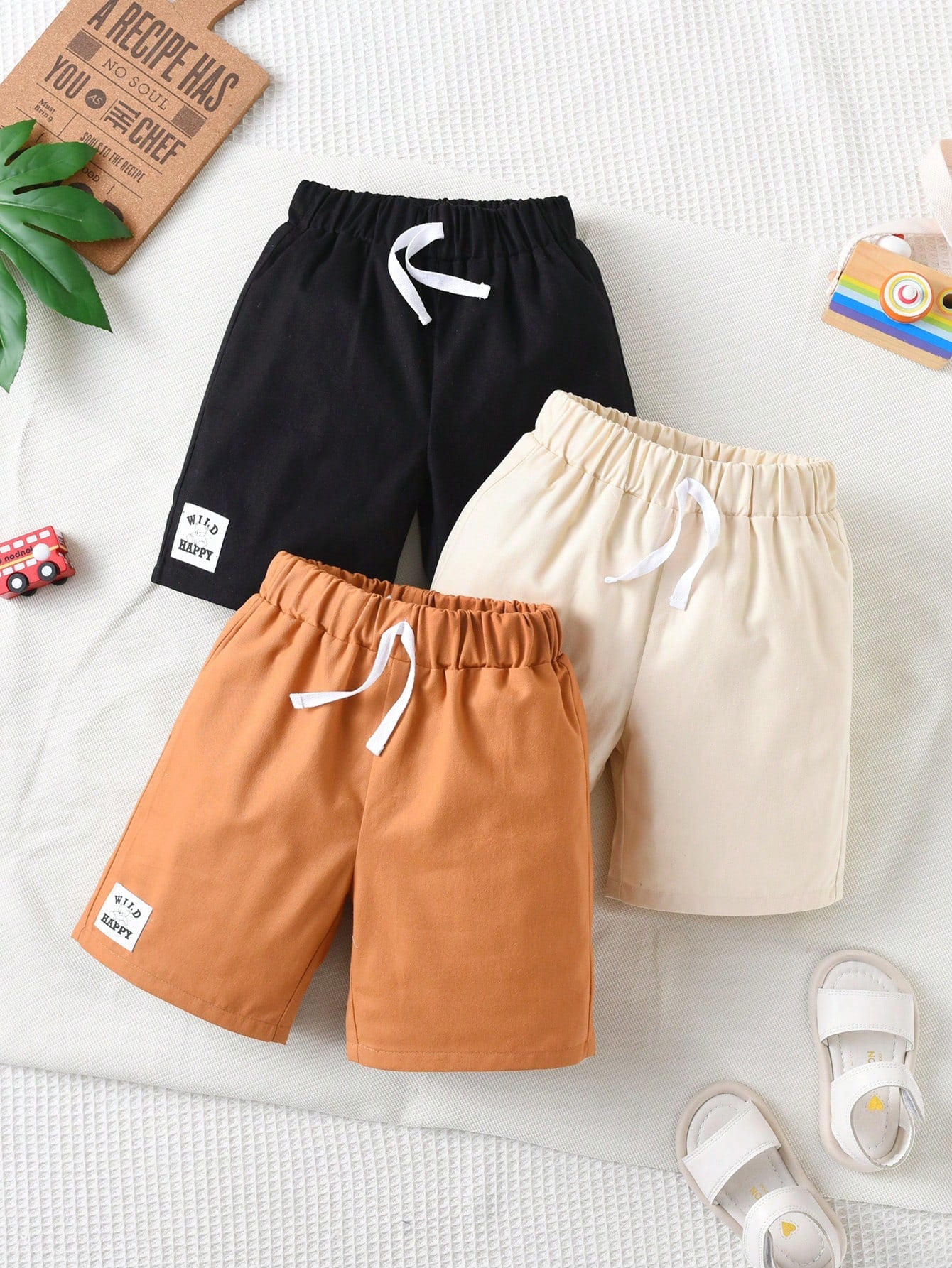 Young Boy 3pcs Letter Patched Detail Drawstring Waist Shorts