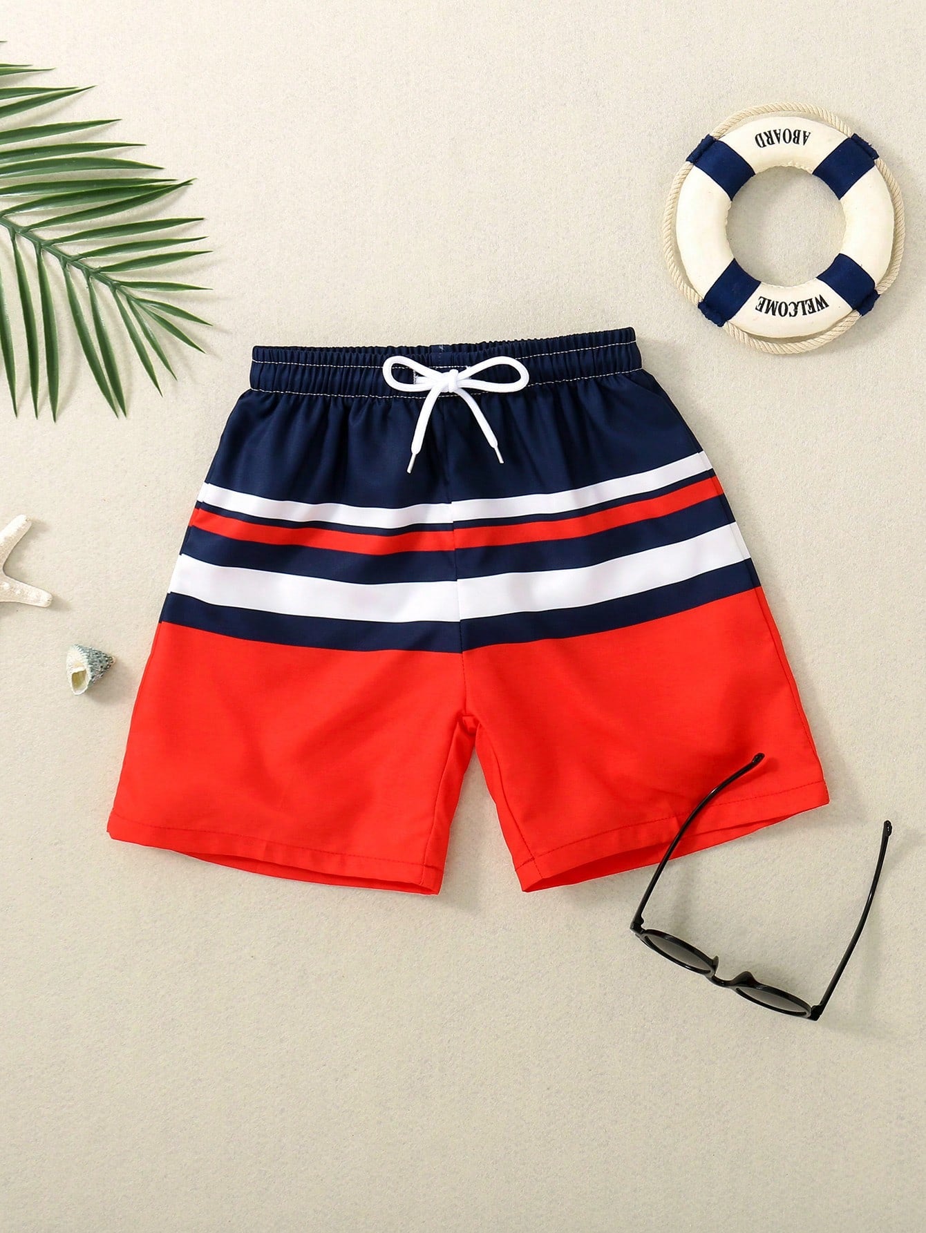 Young Boy Striped Drawstring Waist Swim Shorts