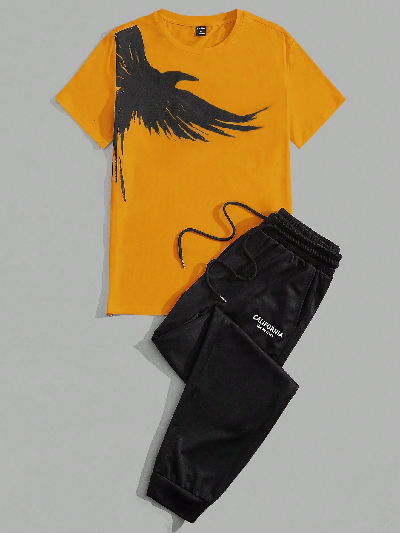 Men Cotton Eagle Print Tee & Letter Graphic Drawstring Waist Pants