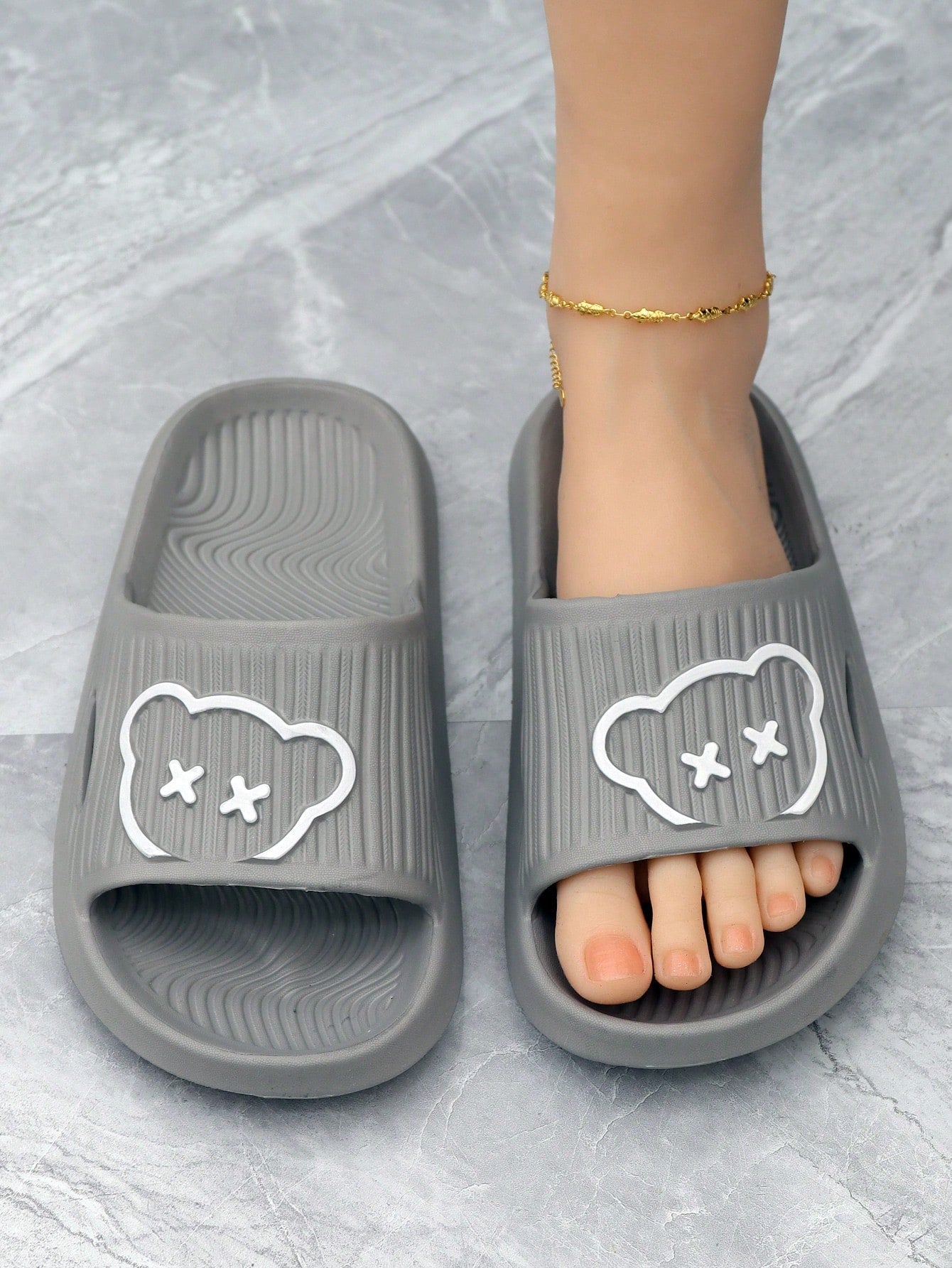 Women Cartoon Bear Pattern Open Toe Slides, Fashionable Cute Summer Black Slippers