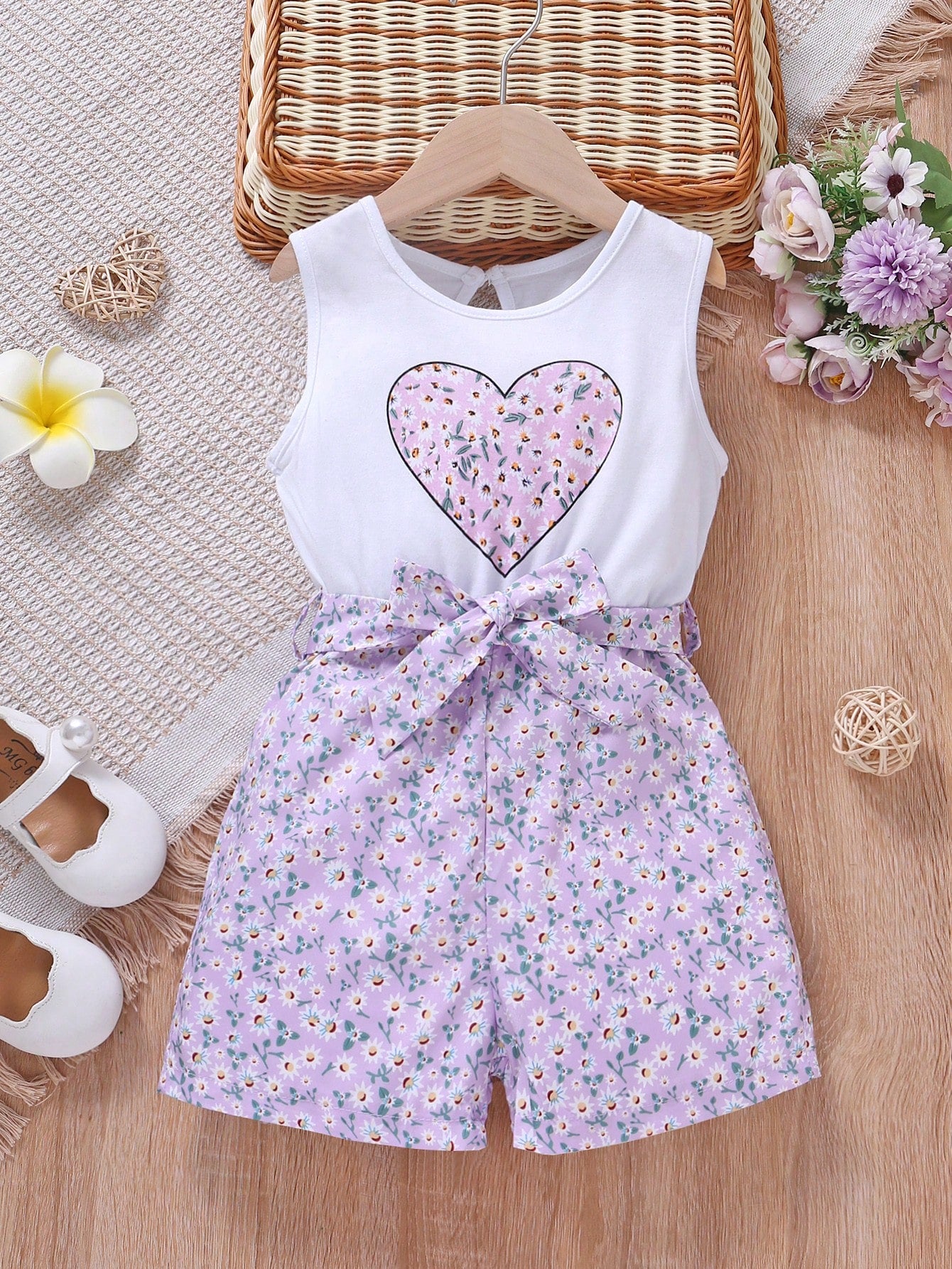 Young Girl Ditsy Floral & Heart Print Belted Romper