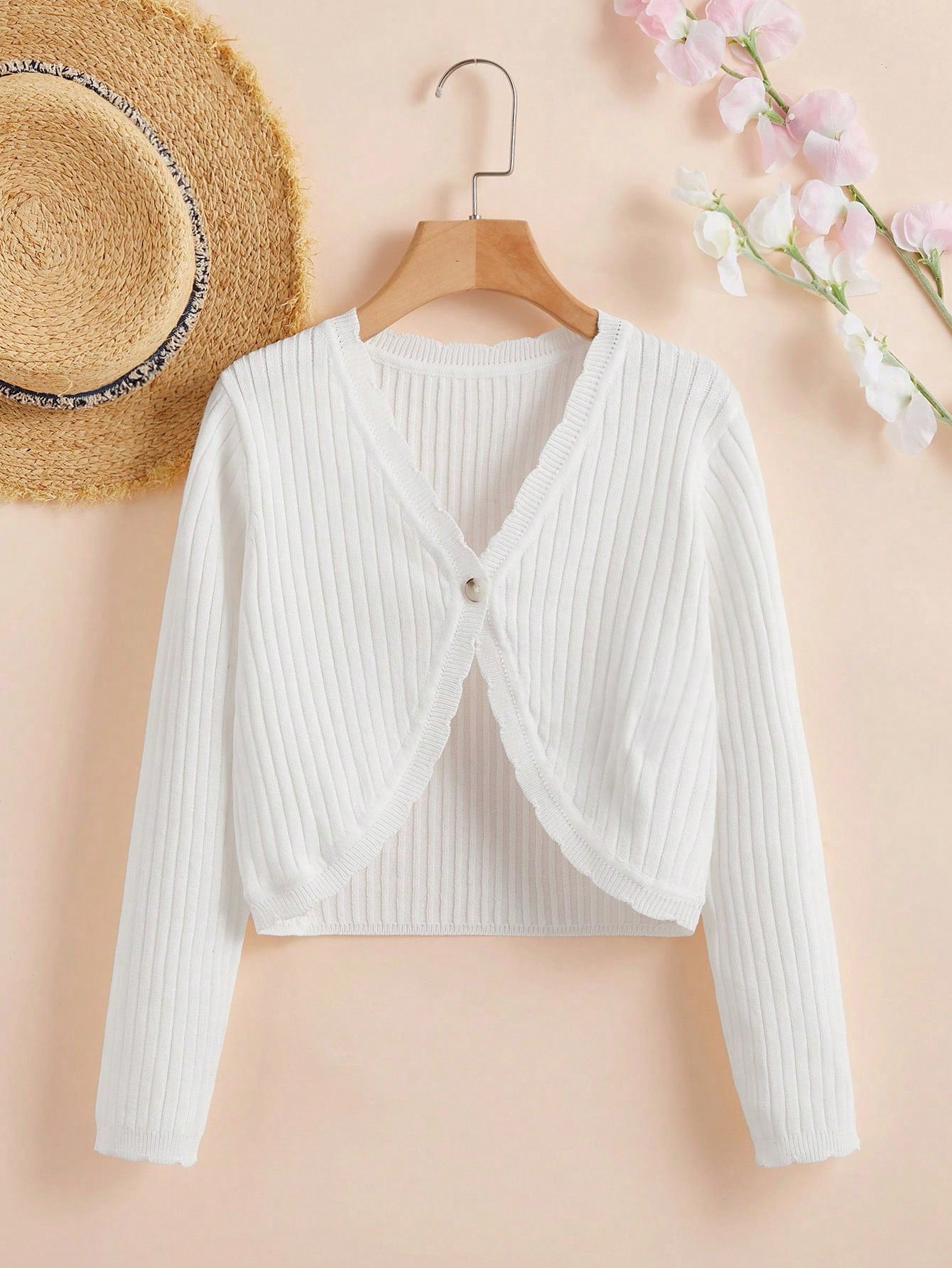 Tween Girl Scallop Trim Ribbed Knit Cardigan