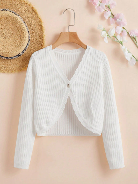 Tween Girl Scallop Trim Ribbed Knit Cardigan