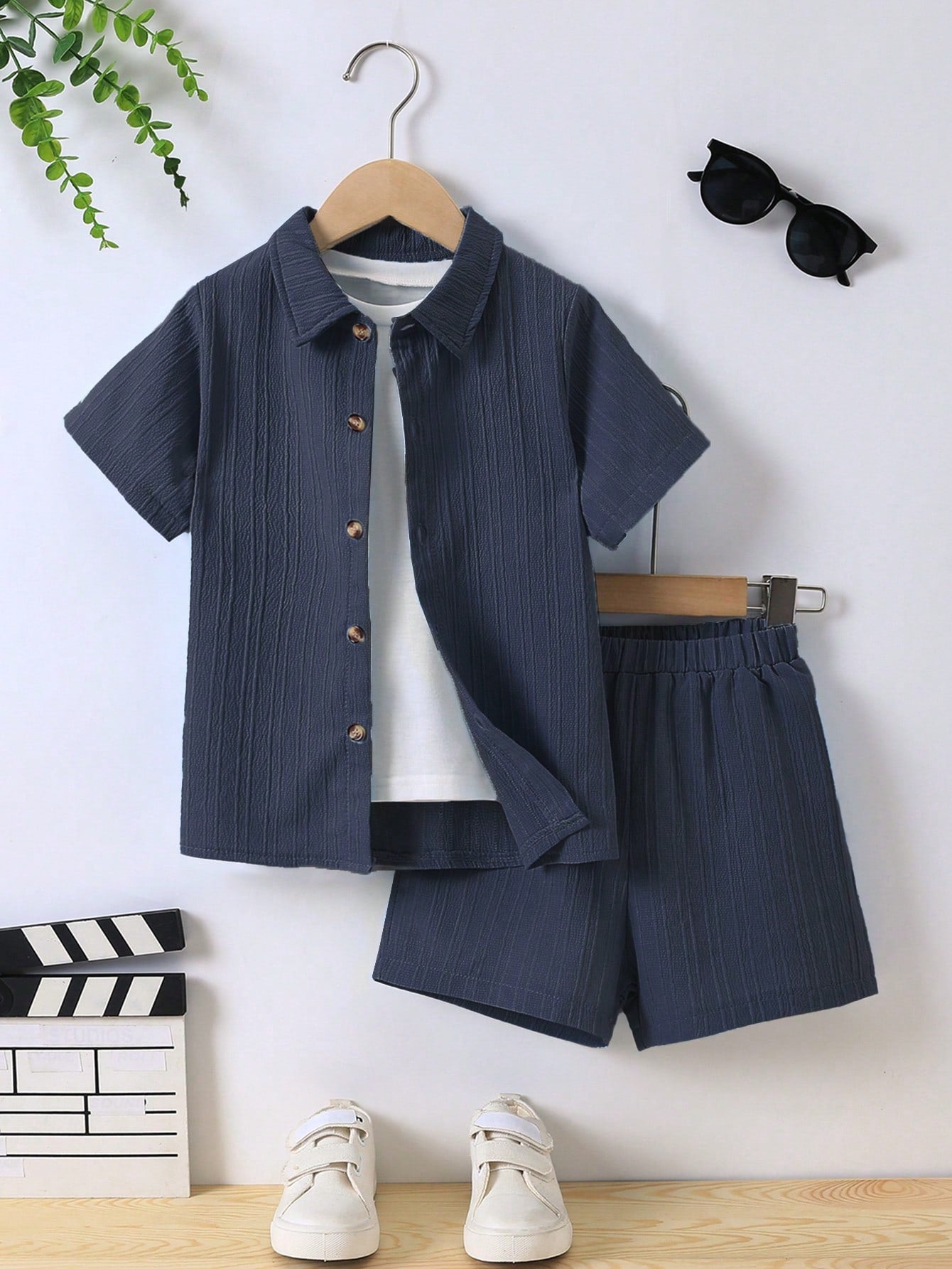 Young Boy Solid Button Front Shirt & Shorts Without Tee