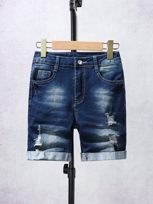 Tween Boy Daily Vintage Boho Street Casual Destroy Roll Up Hem Elastic Waist Stretchy Denim Shorts