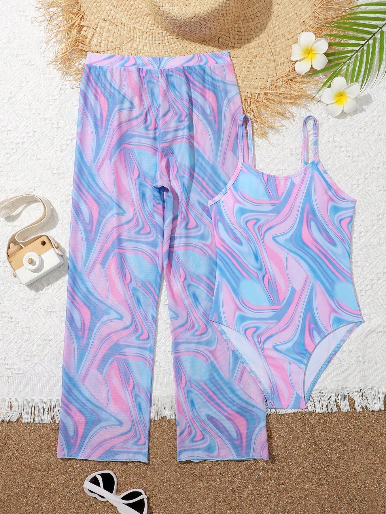 Tween Girl Fluid Print One Piece Swimsuit With Cover Up Pants