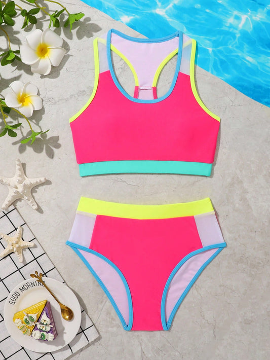 Tween Girl Colorblock Contrast Binding Bikini Set Summer Beach