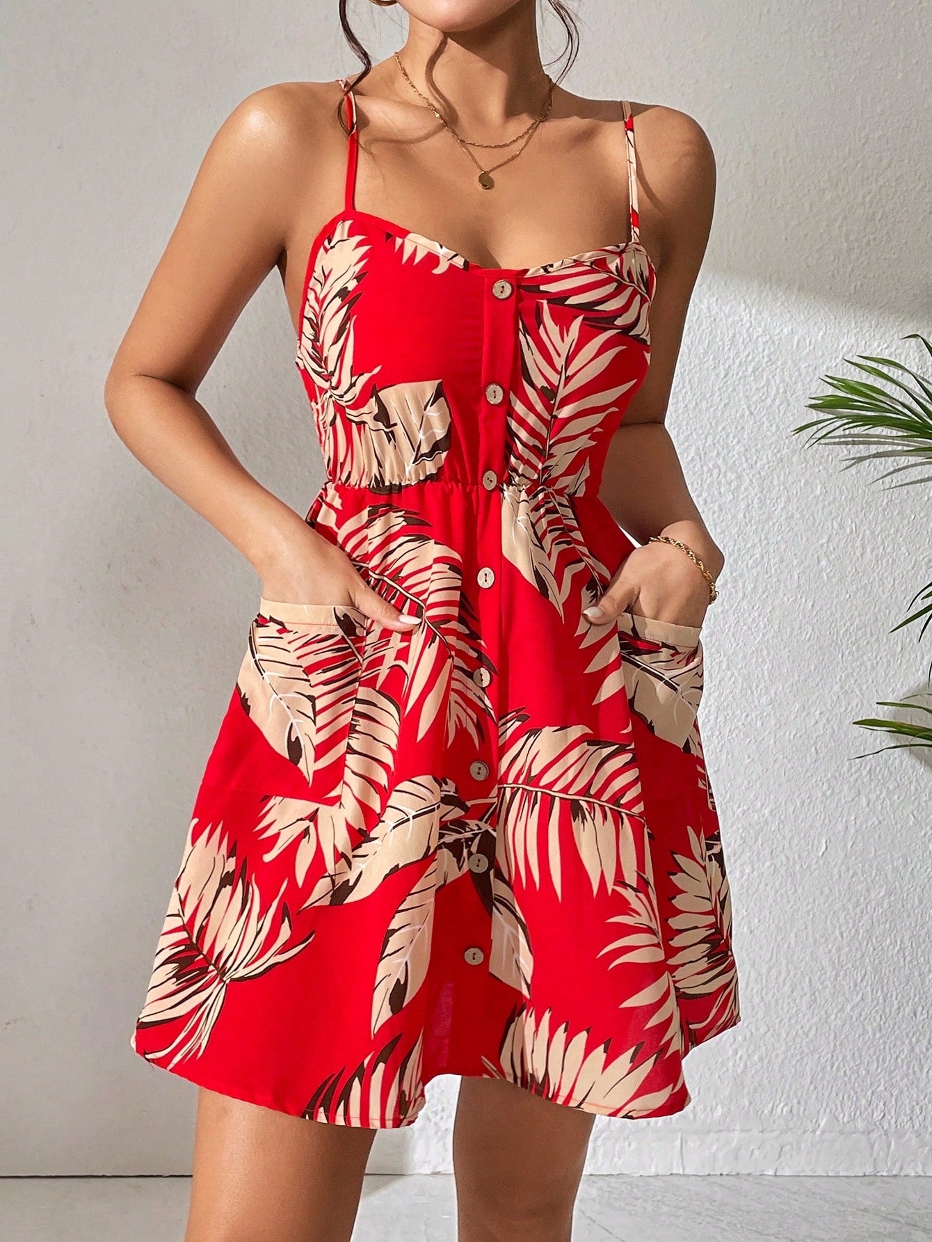 Tropical Print  Button Front Cami Dress