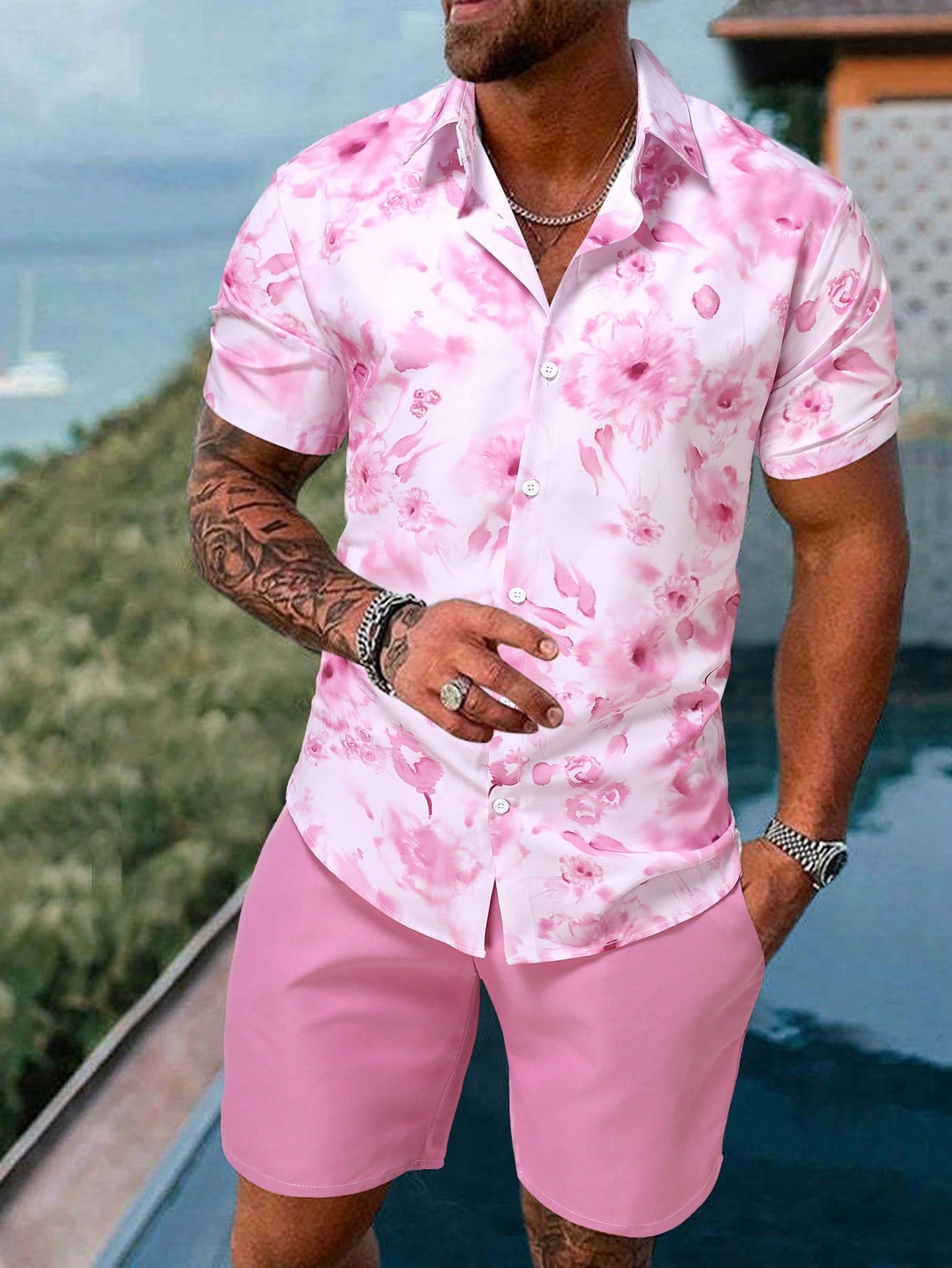 Men Floral Print Shirt & Shorts