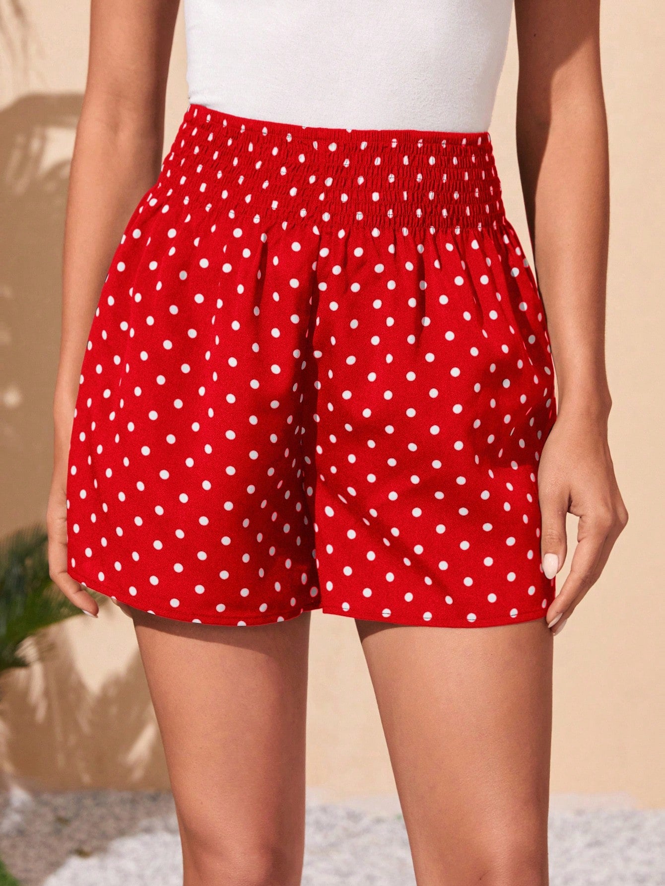 Women'S Polka Dot Printed Shirred Waist Shorts