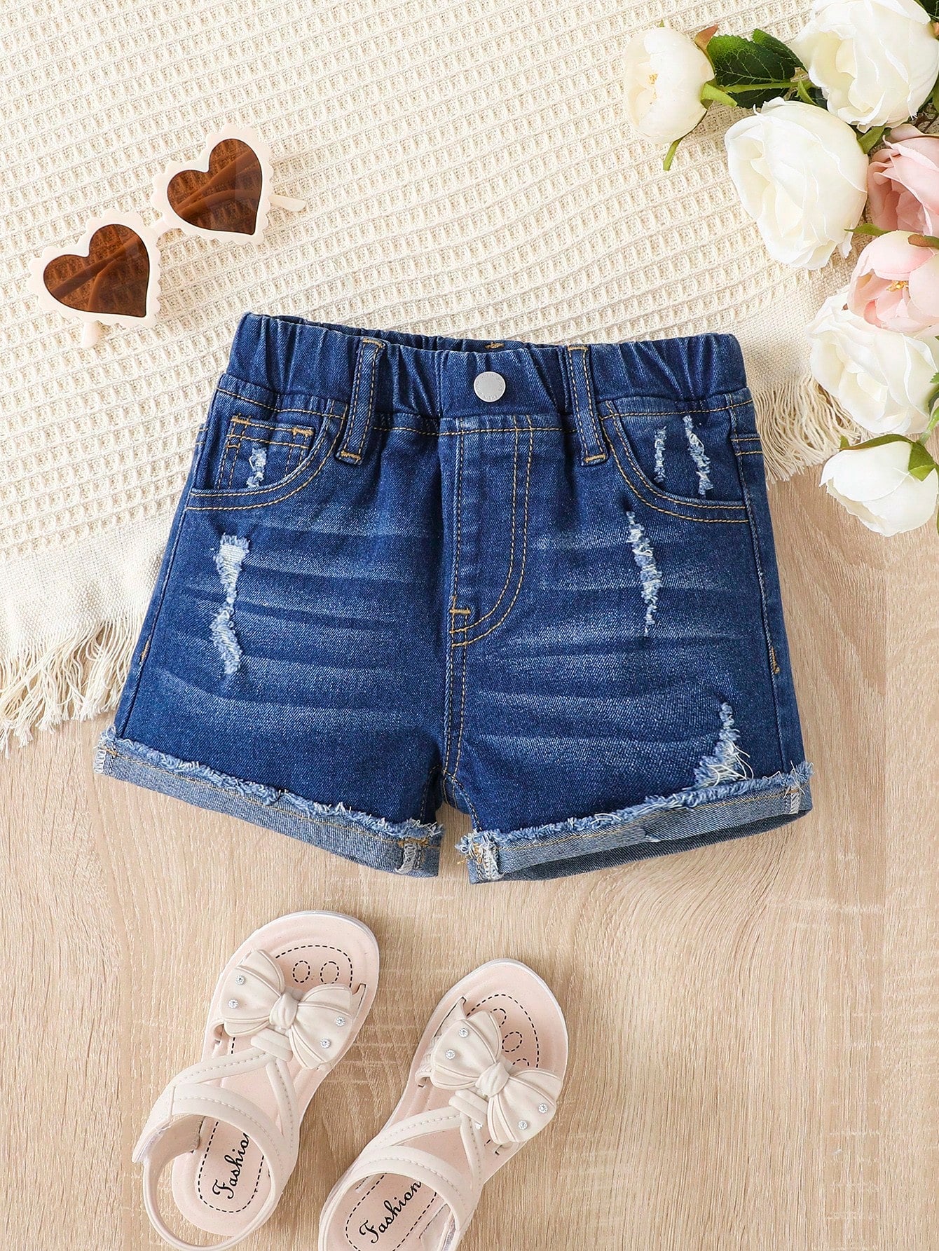 Young Girl Toddler Girls Ripped Roll Up Hem Denim Shorts