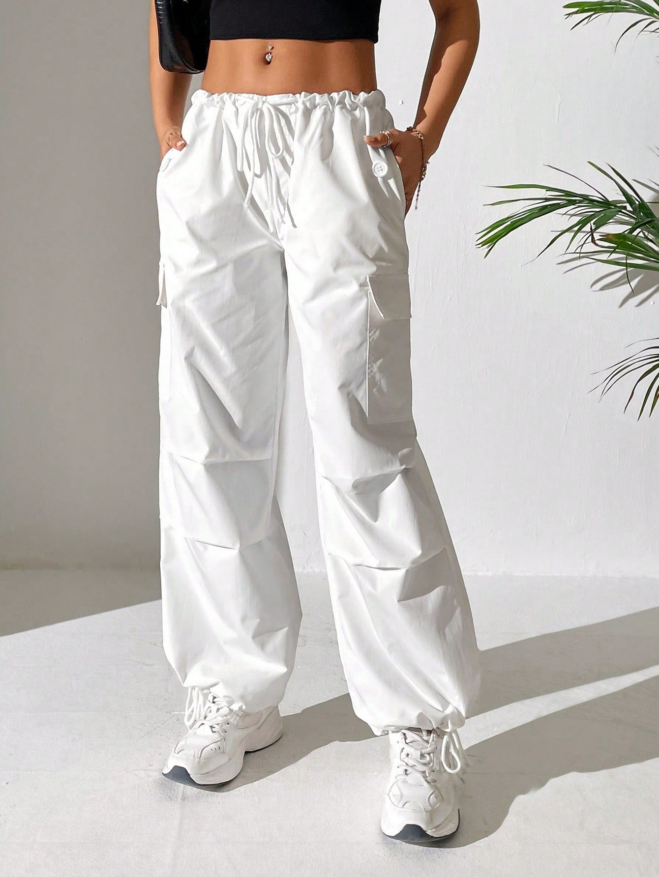 Drawstring Waist Flap Pocket Side Parachute Cargo White Pants