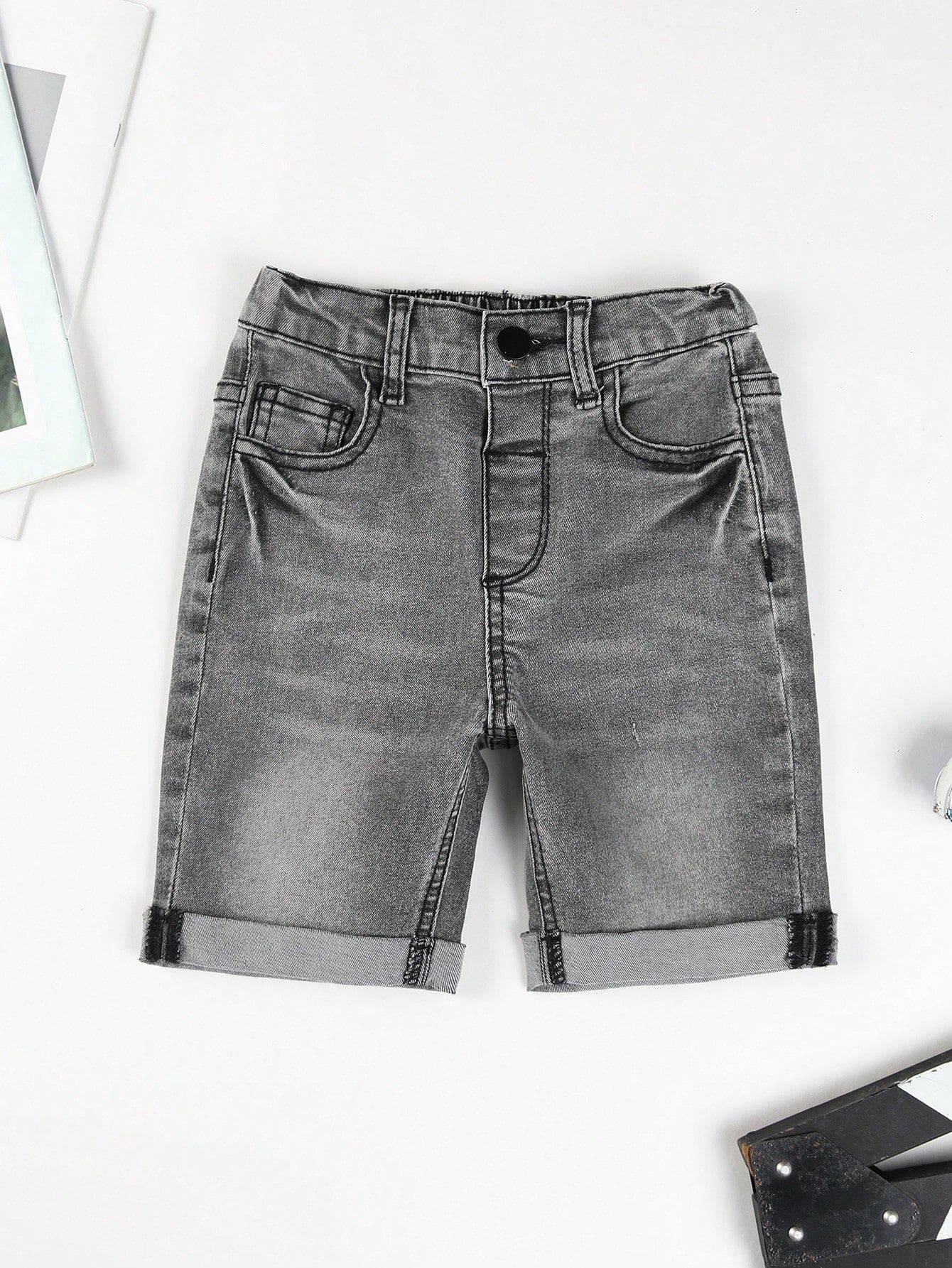 Young Boy Casual Summer Outdoor Micro-Elastic Black Denim Jeans Shorts, Personality And Versatile