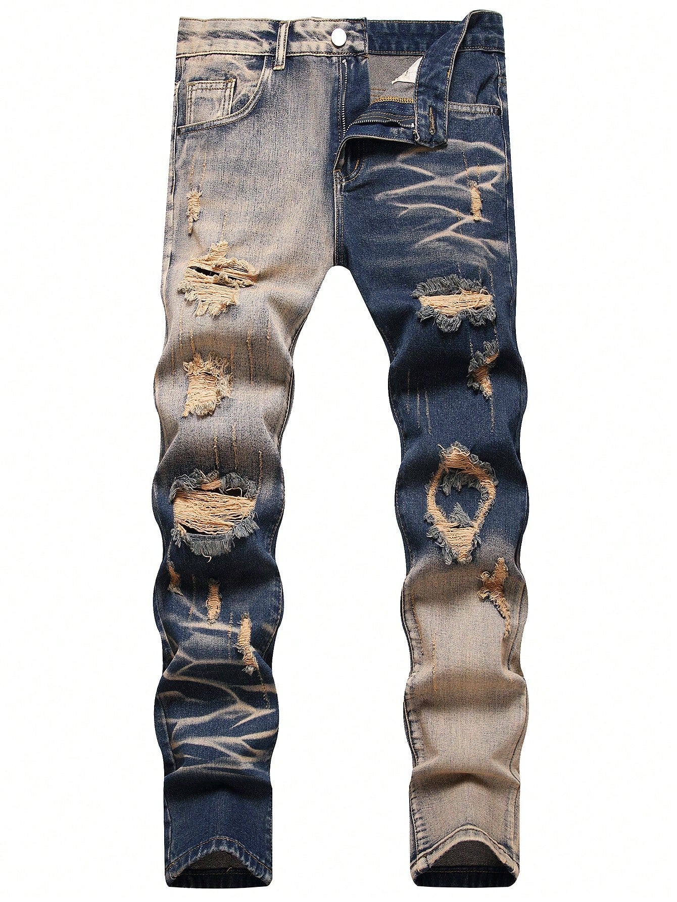 Men Cotton Ripped Frayed Bleach Wash Jeans