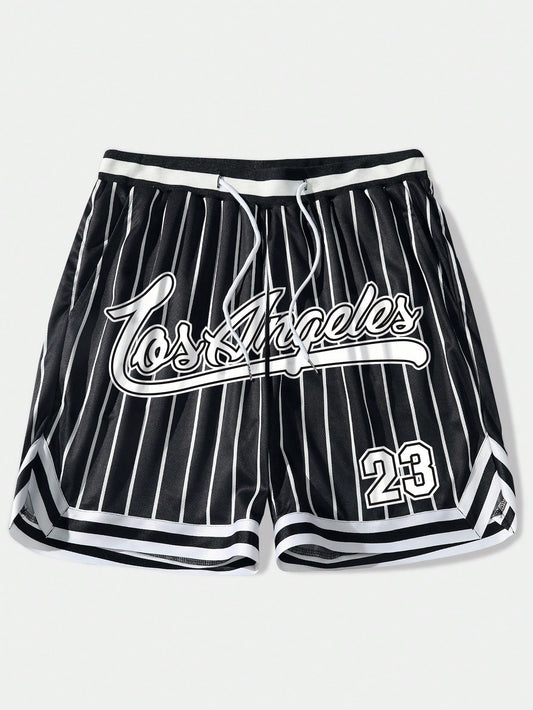 Men Striped & Letter Graphic Drawstring Waist Mesh Shorts