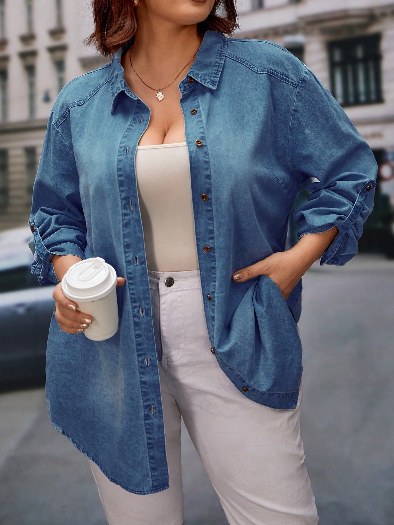 Plus Size Solid Color Denim Shirt With Front Buttons And Lapel Collar