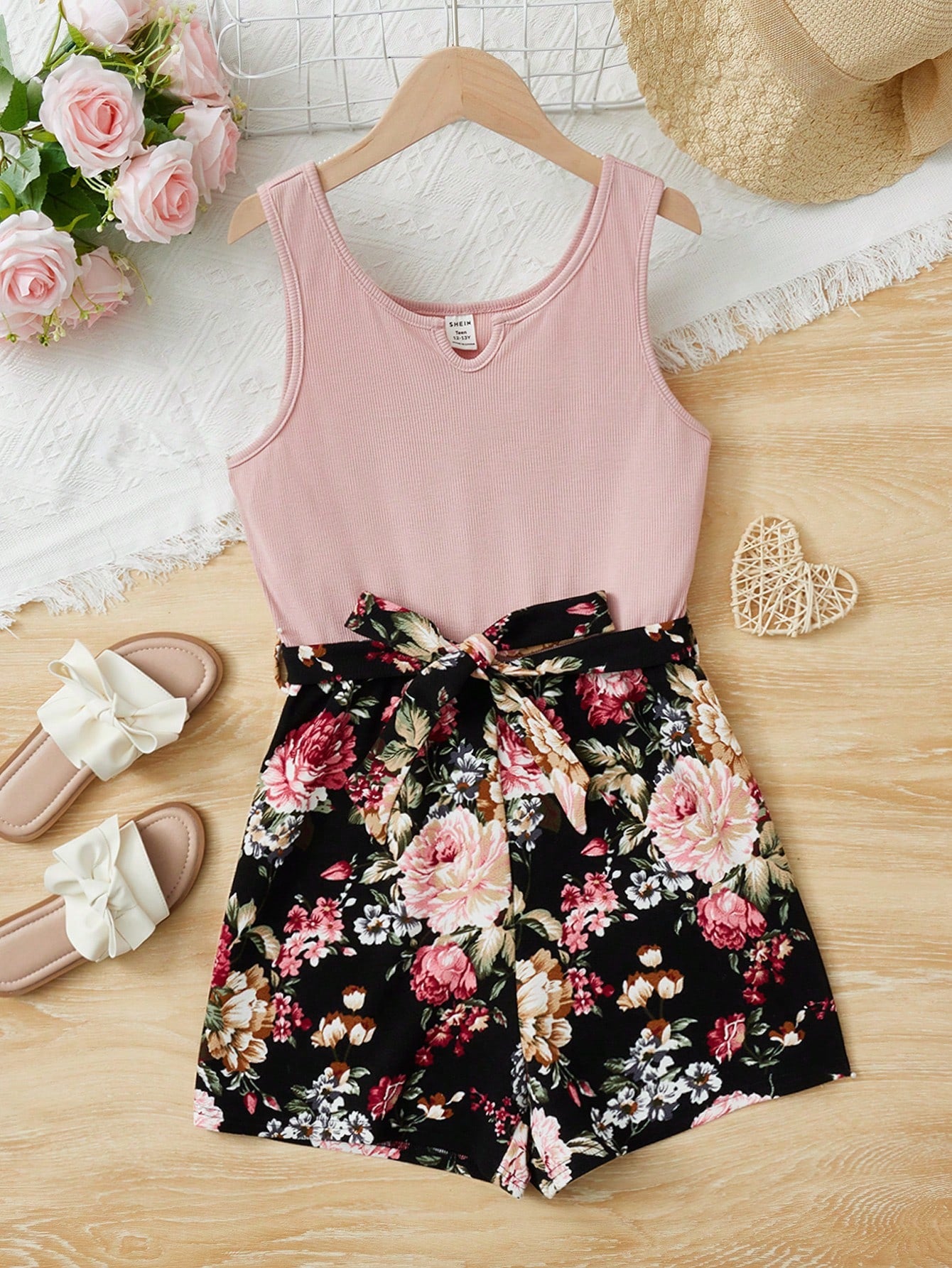 Teen Girls Floral Print Notched Neck Belted Romper