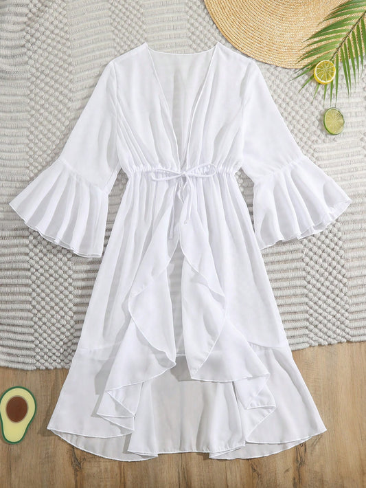 Tween Girl Flounce Sleeve Tie Front Ruffle Hem Kimono