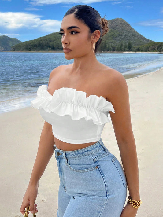 Ruffle Trim Crop Tube Top