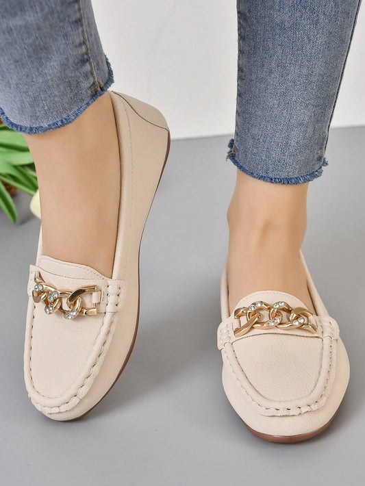 Women Chain Decor Stitched Detail Loafers, Artificial Leather Fashion Flats Beige