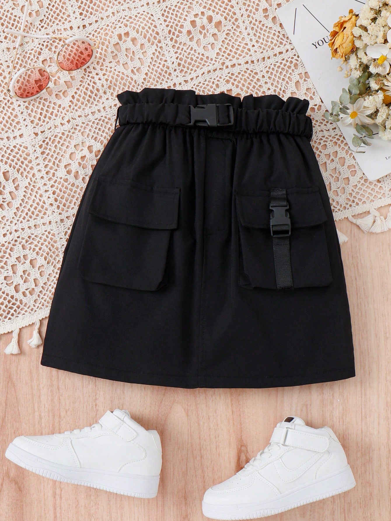 Tween Girl Paperbag Waist Flap Pocket Buckle Detail Cargo Skirt