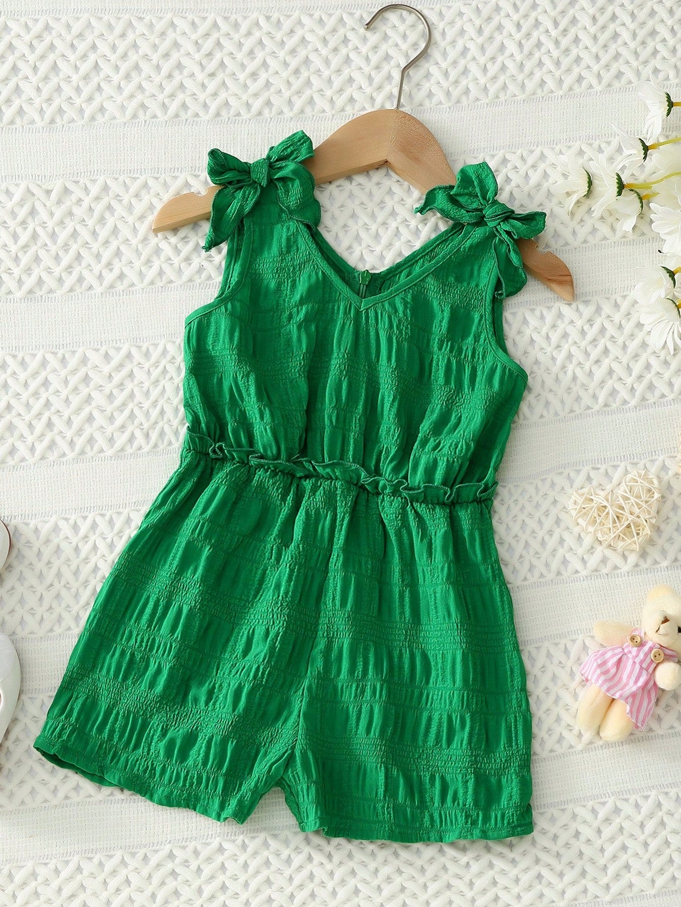 Young Girl Bow Shoulder Frill Trim Romper