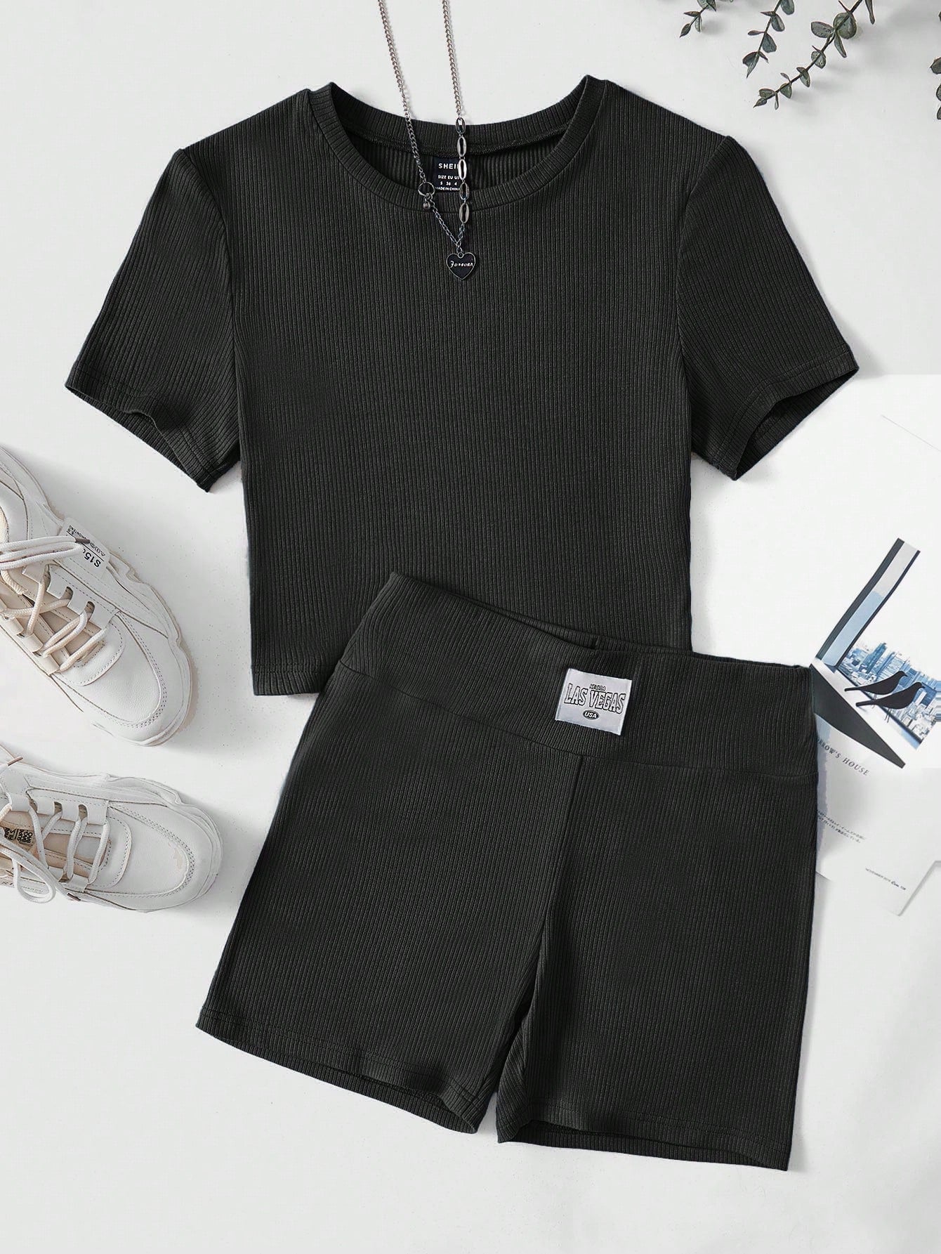 Solid Ribbed Knit Tee & Letter Patched Biker Shorts