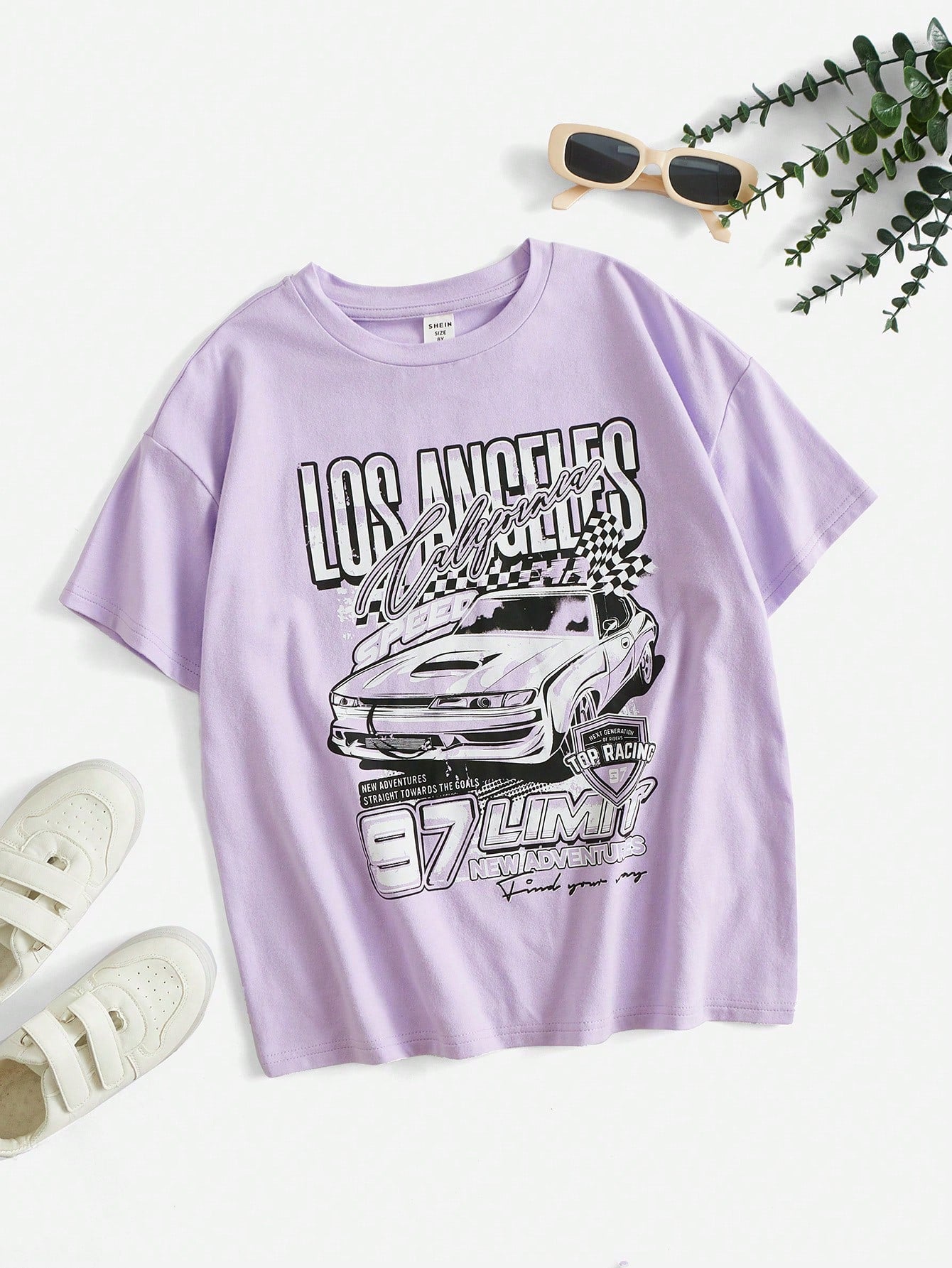 Tween Girl Loose Short Sleeve Car & Letter Print Drop Shoulder T-Shirt