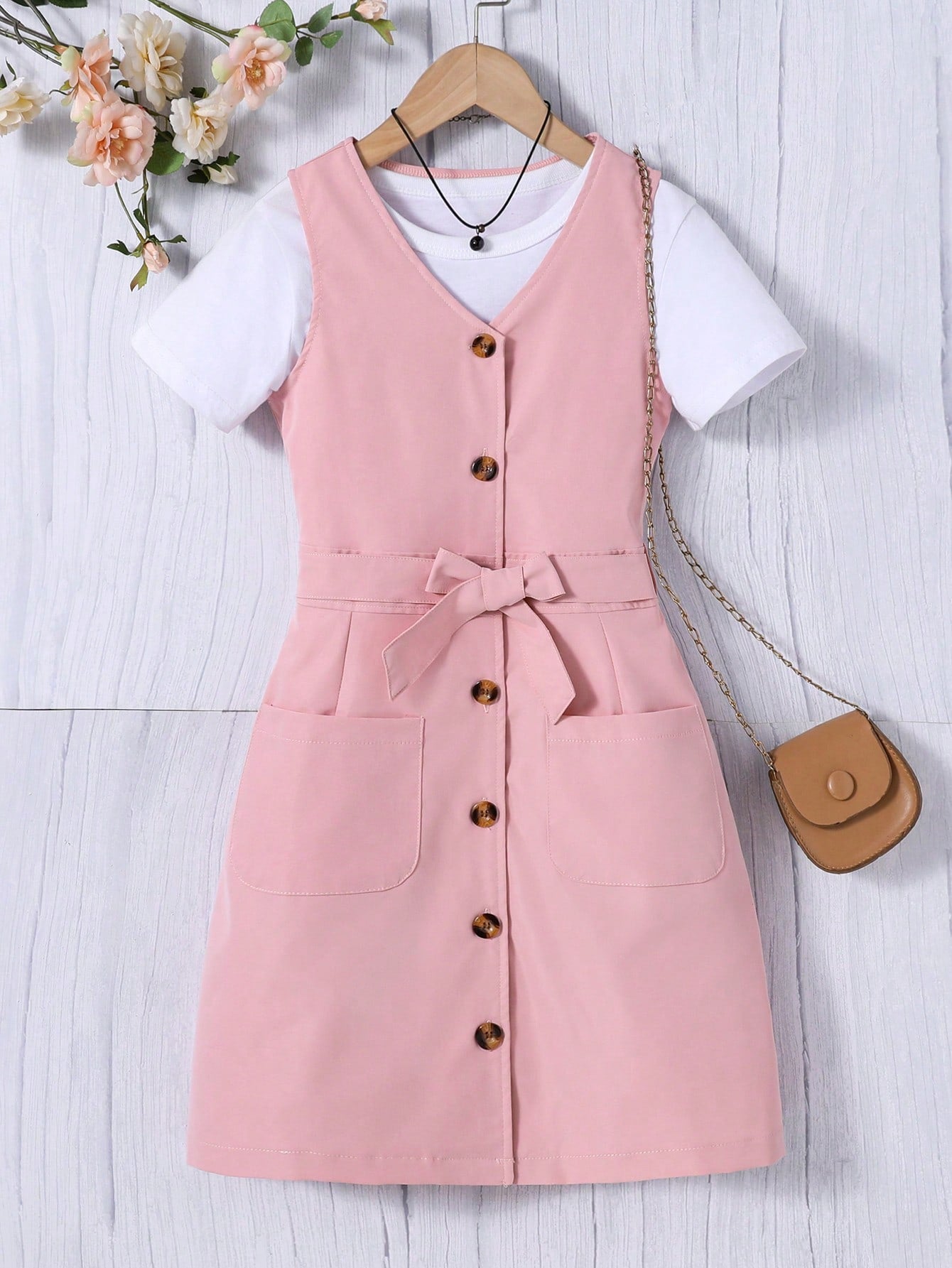 Tween Girl Button Front Belted Dual Pocket Dress Without Tee