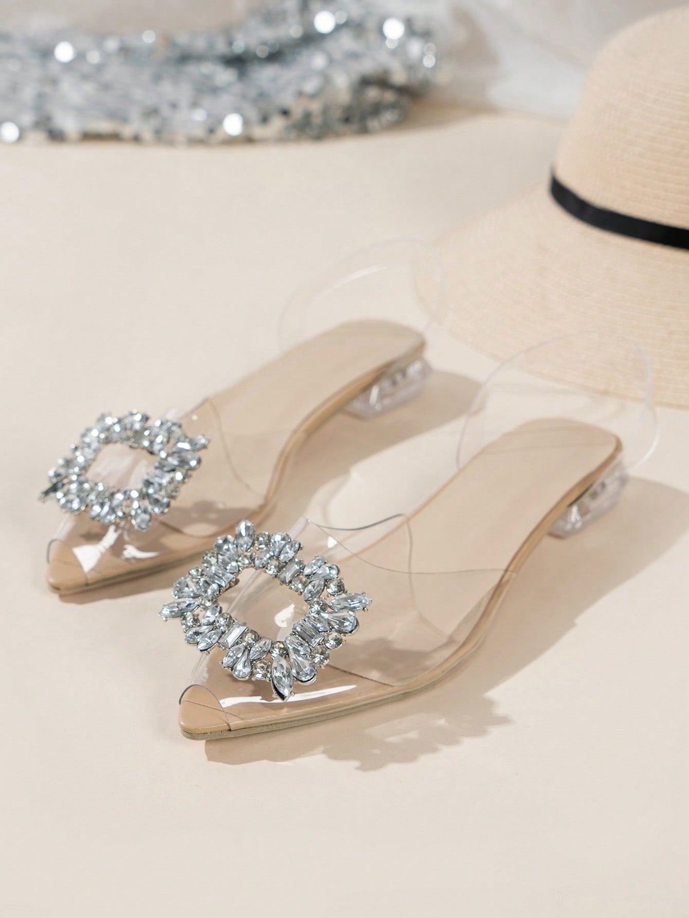 Women Rhinestone Decor Clear Strap Slingback Flats, Fashion Outdoor Flats