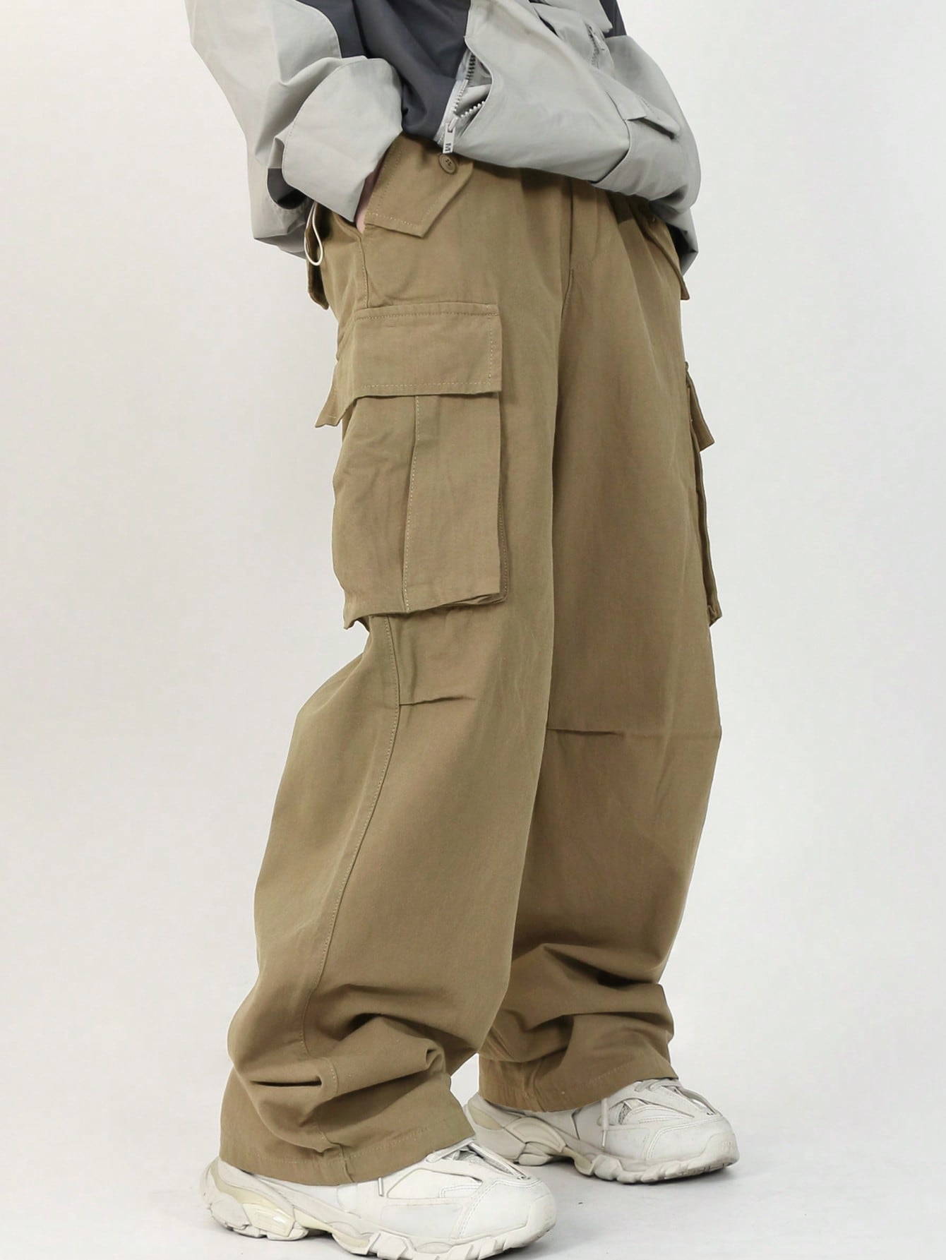 Loose Fit Men's Cargo Pants With Flap Pockets, Side Drawstring Waist