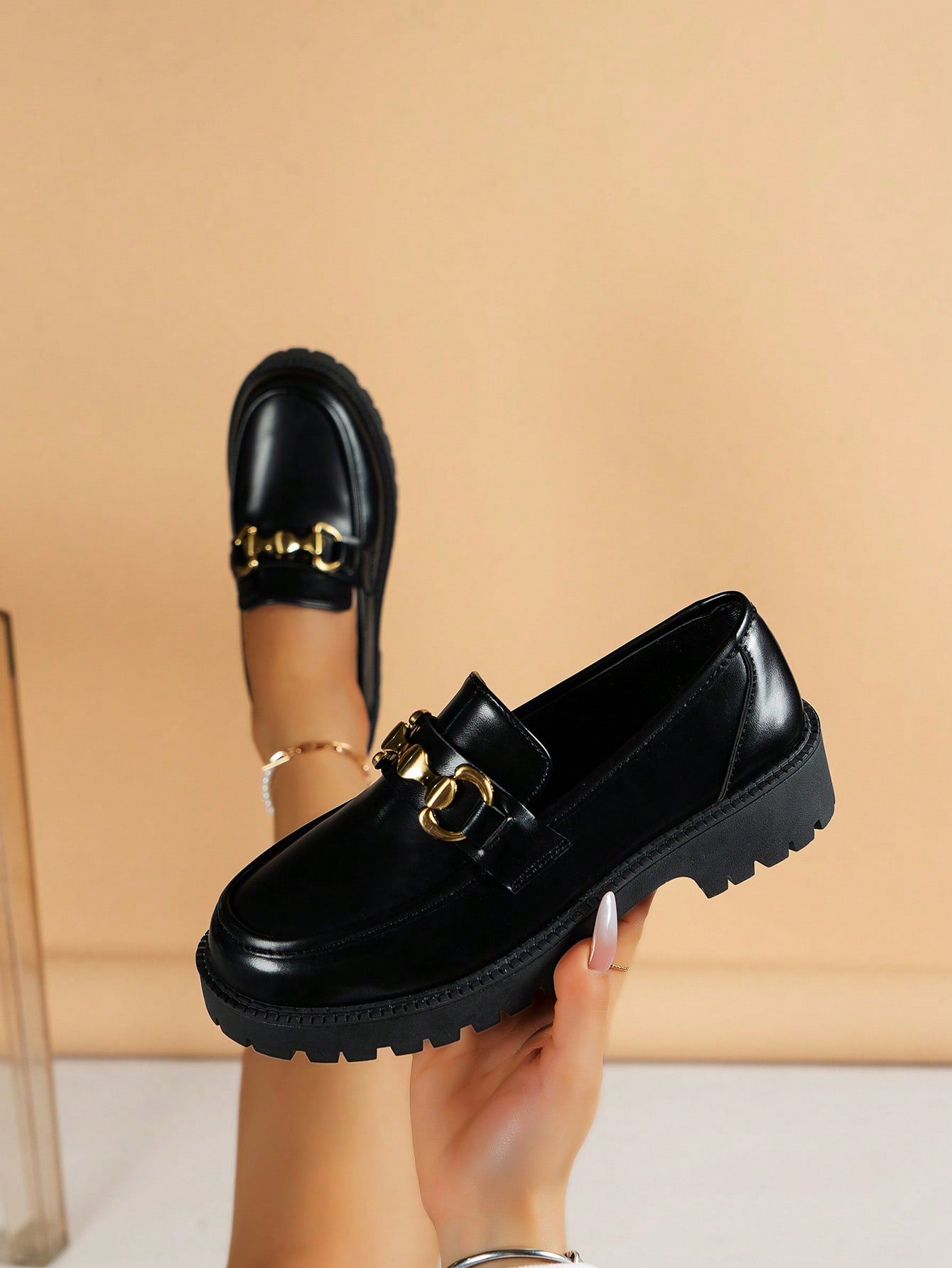 Women Metal Decor Loafers, Preppy Outdoor Flatform Shoes