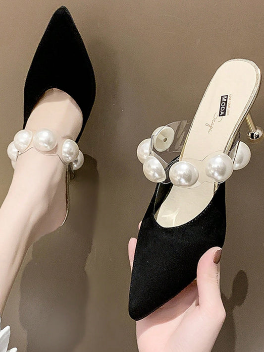 Women Faux Pearl Decor Mules, Polyester Point Toe Elegant Pumps Black