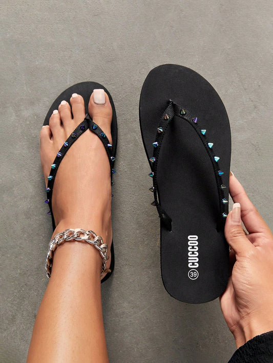 Woman Shoes Studded Decor Flip Flops For Summer Vacation Shoes Summer Sale Back To School Shoes College Student Shoes