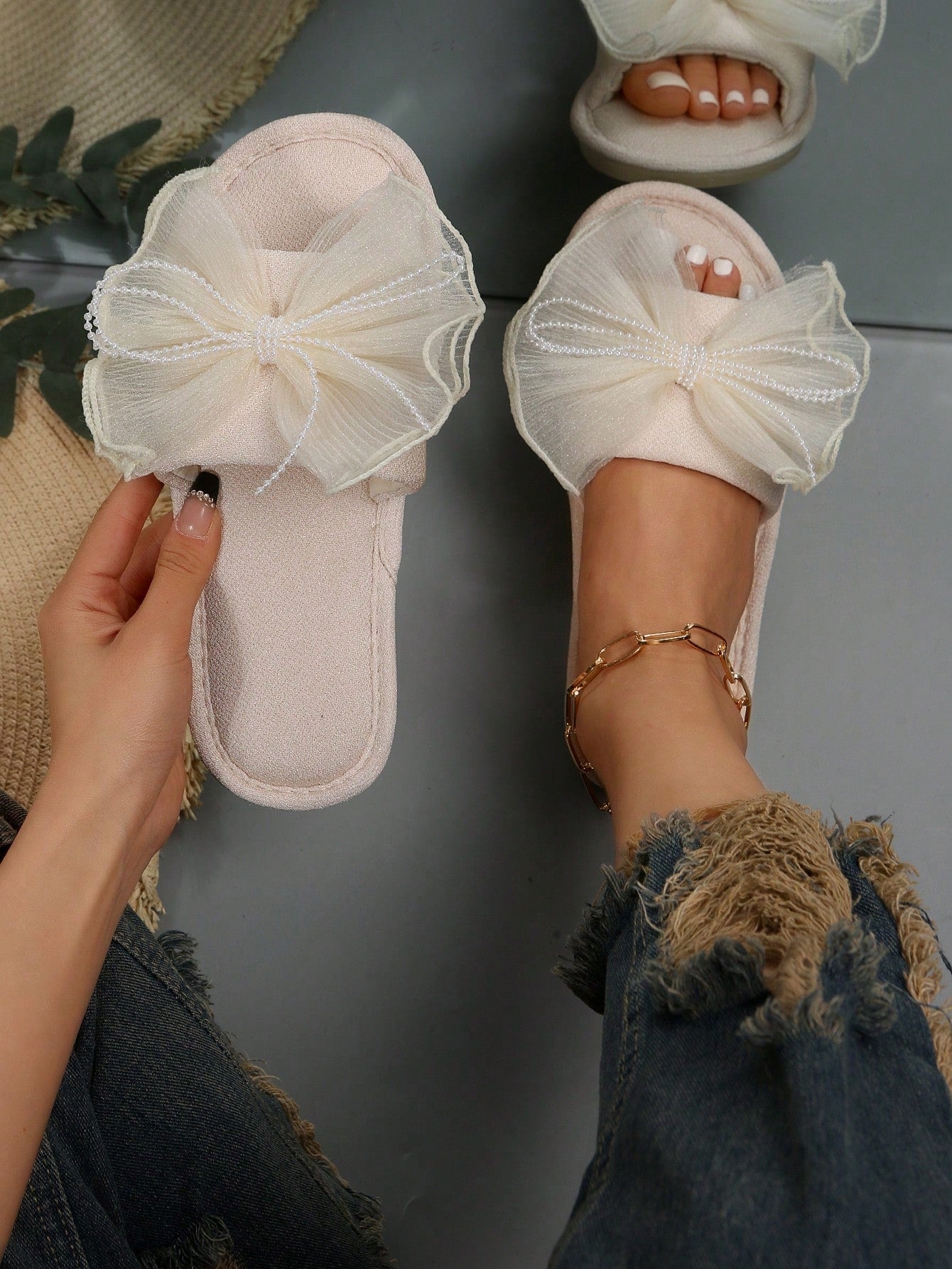 Bowknot Decorated Beige Home Slippers, Ladies' Beige Home Slippers