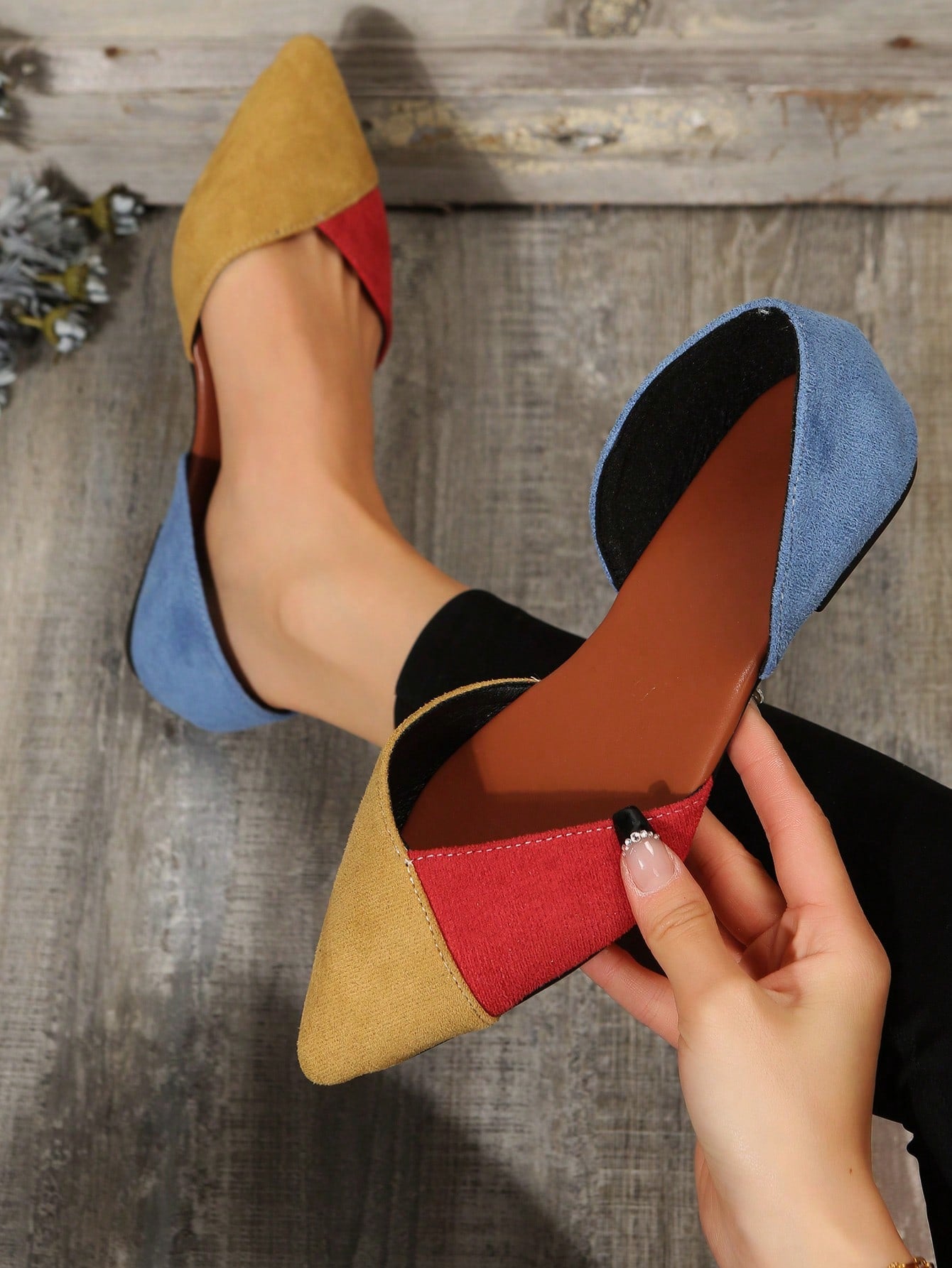 Women Color Block Ballet Flats, Fashion Outdoor Faux Suede Flats