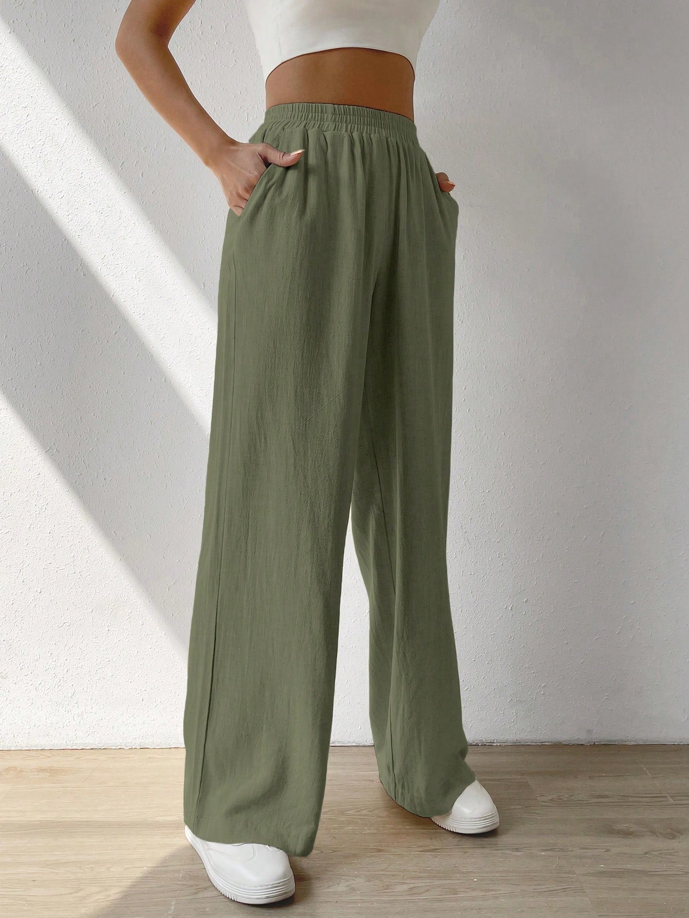 Solid Slant Pocket Wide Leg Pants