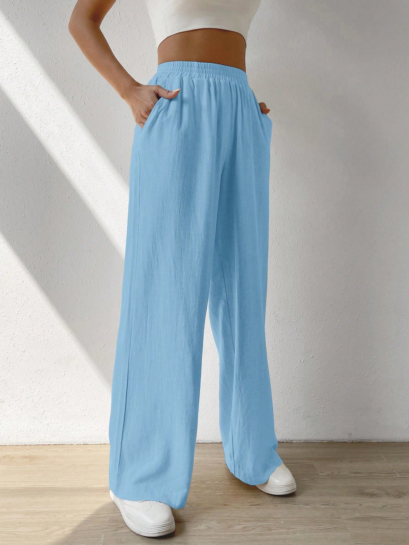 Solid Slant Pocket Wide Leg Pants